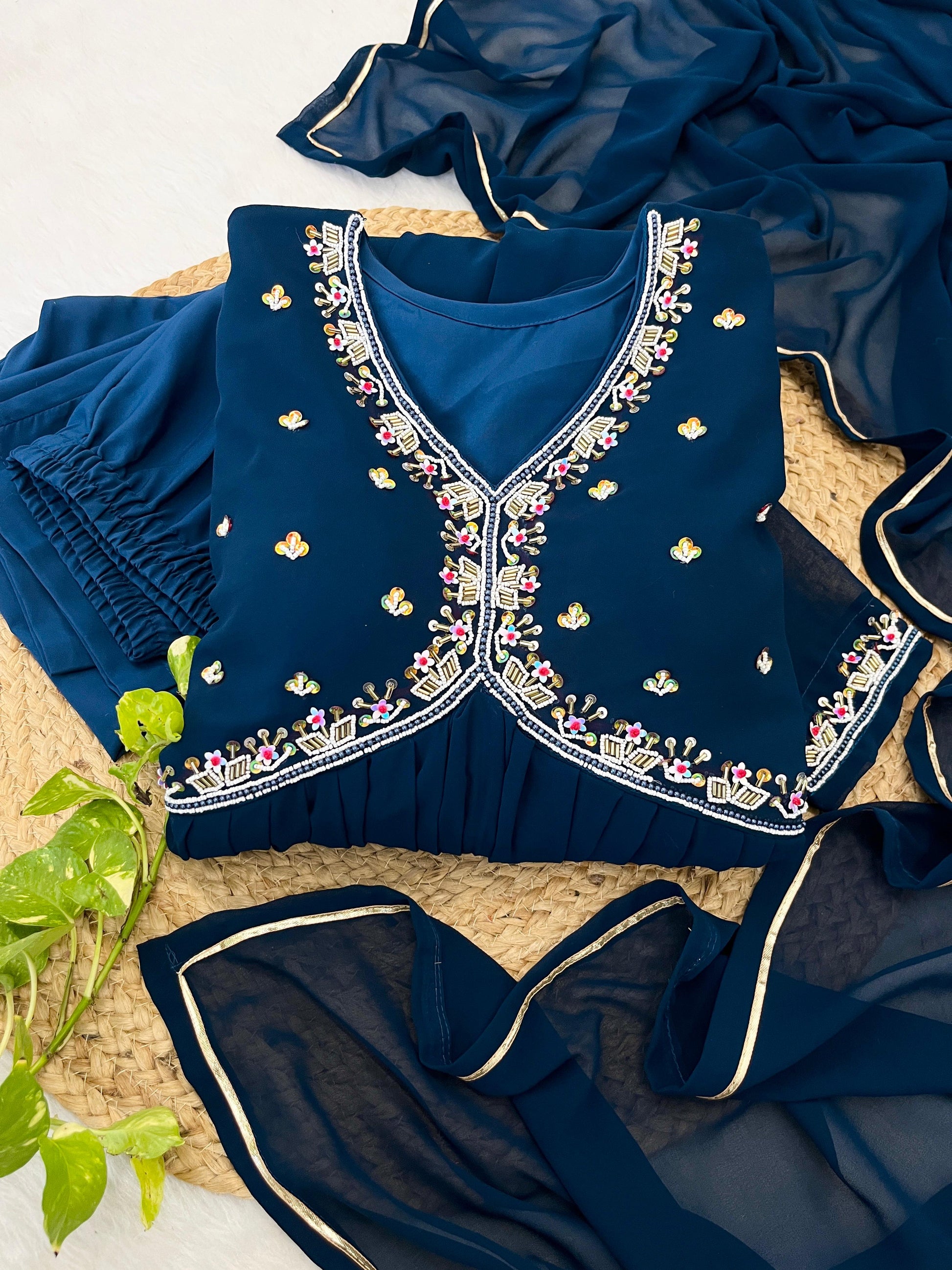 Graceful Navy Blue Faux Georgette Handworked Anarkali Pant Suit - INDIAN ELEGANCE