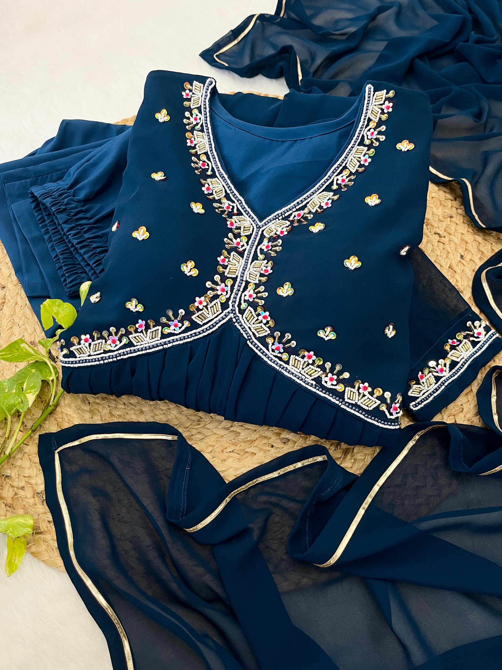 Graceful Navy Blue Faux Georgette Handworked Anarkali Pant Suit - INDIAN ELEGANCE
