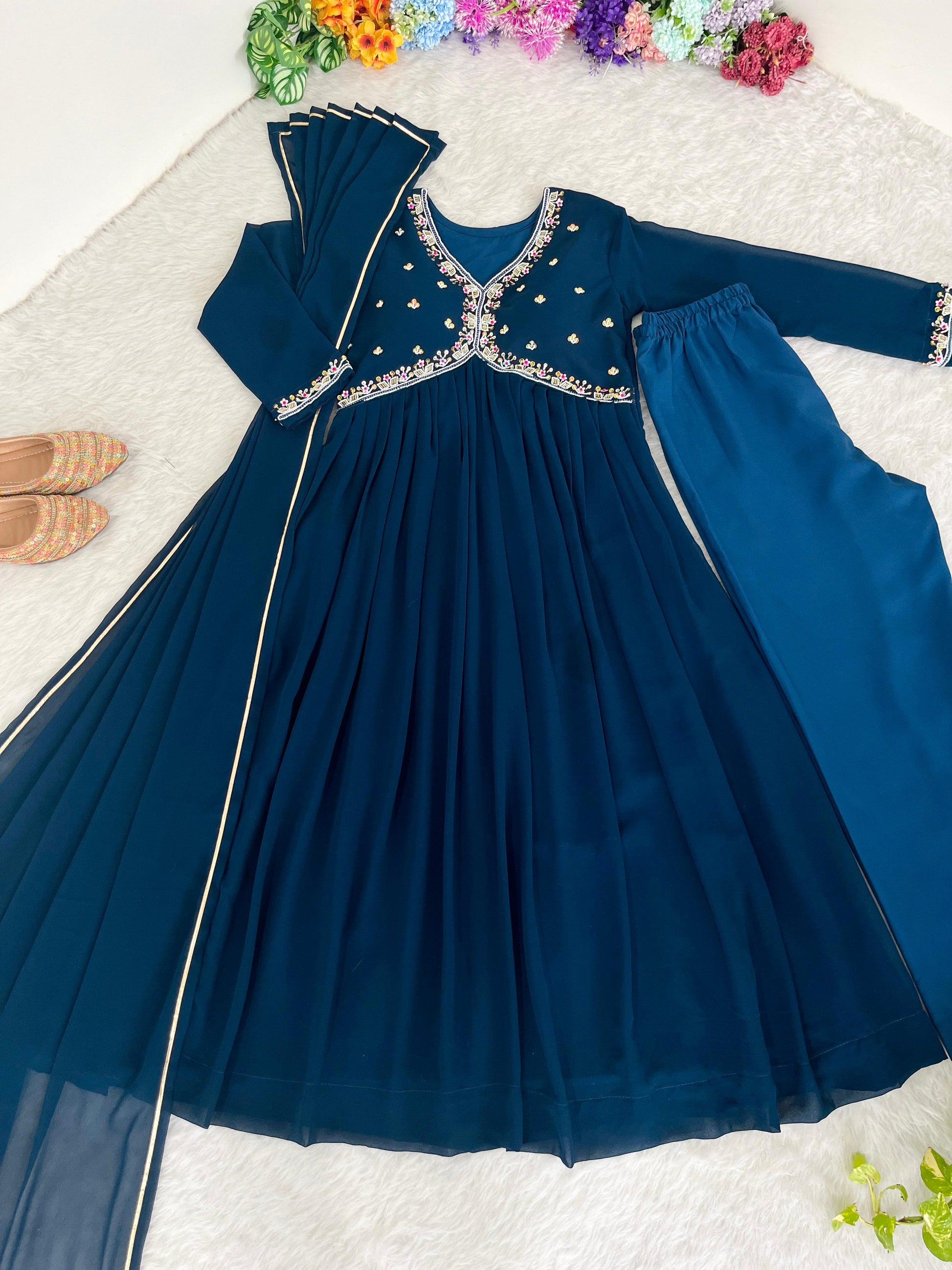 Graceful Navy Blue Faux Georgette Handworked Anarkali Pant Suit - INDIAN ELEGANCE
