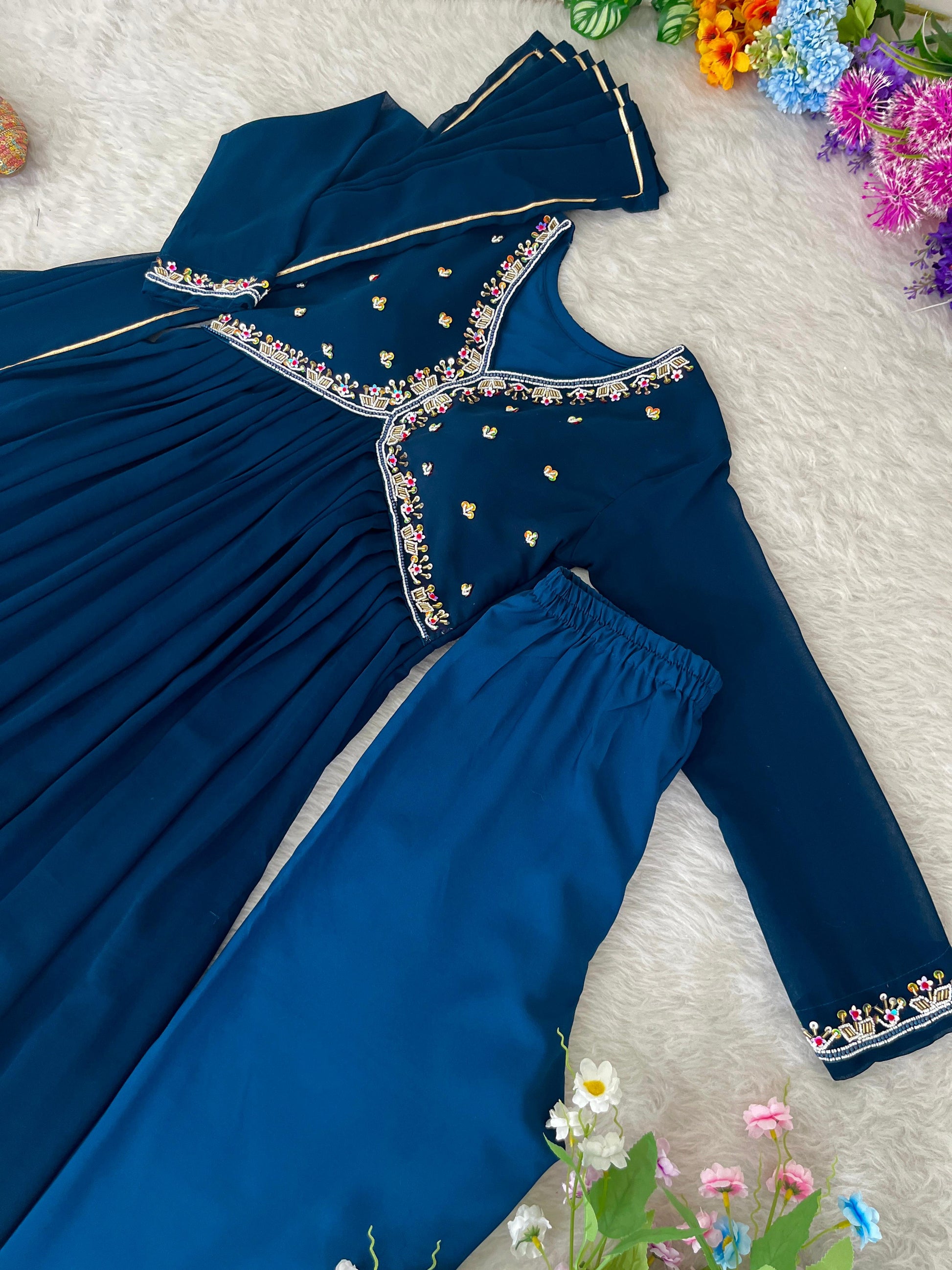 Graceful Navy Blue Faux Georgette Handworked Anarkali Pant Suit - INDIAN ELEGANCE