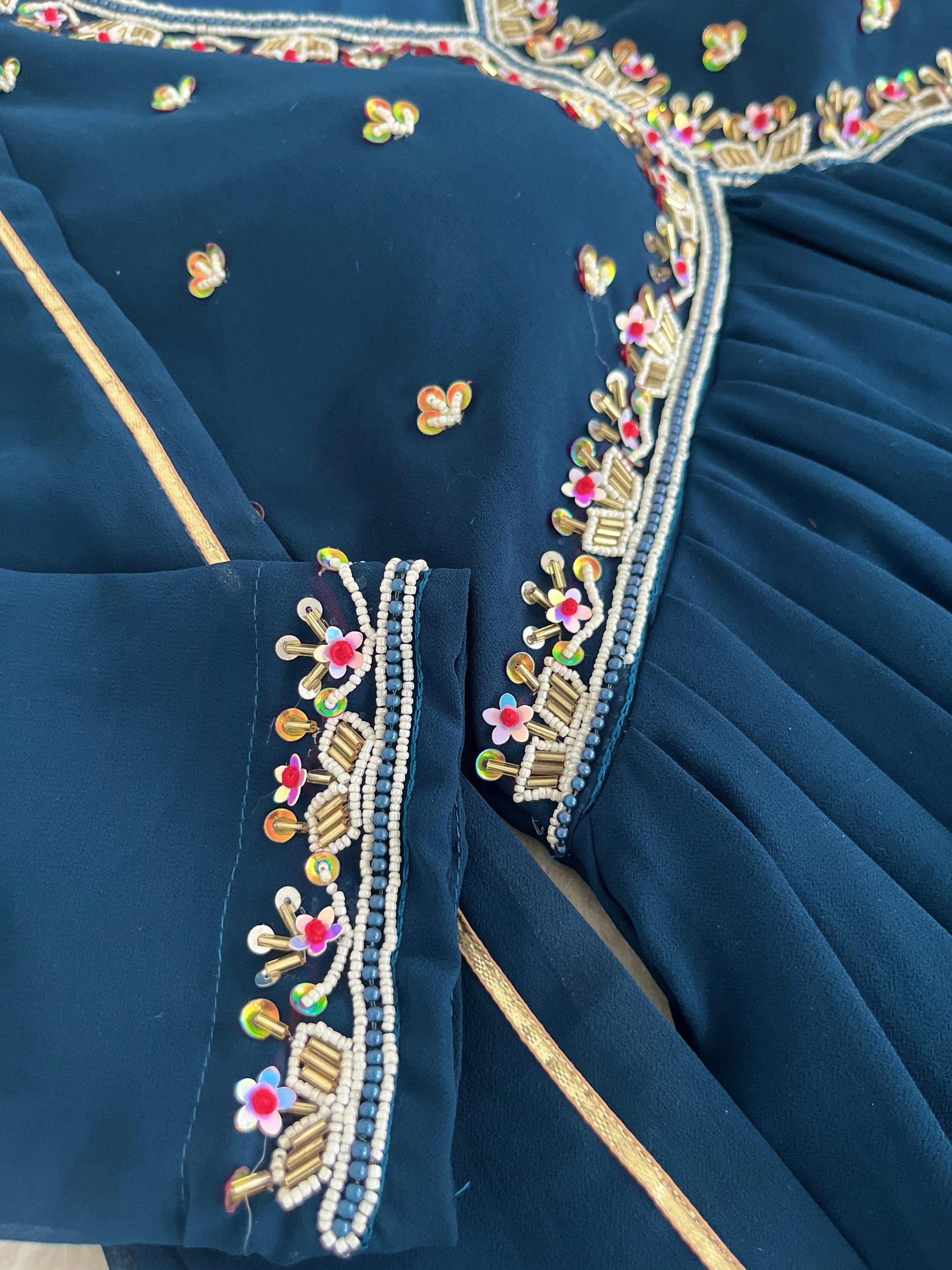 Graceful Navy Blue Faux Georgette Handworked Anarkali Pant Suit - INDIAN ELEGANCE