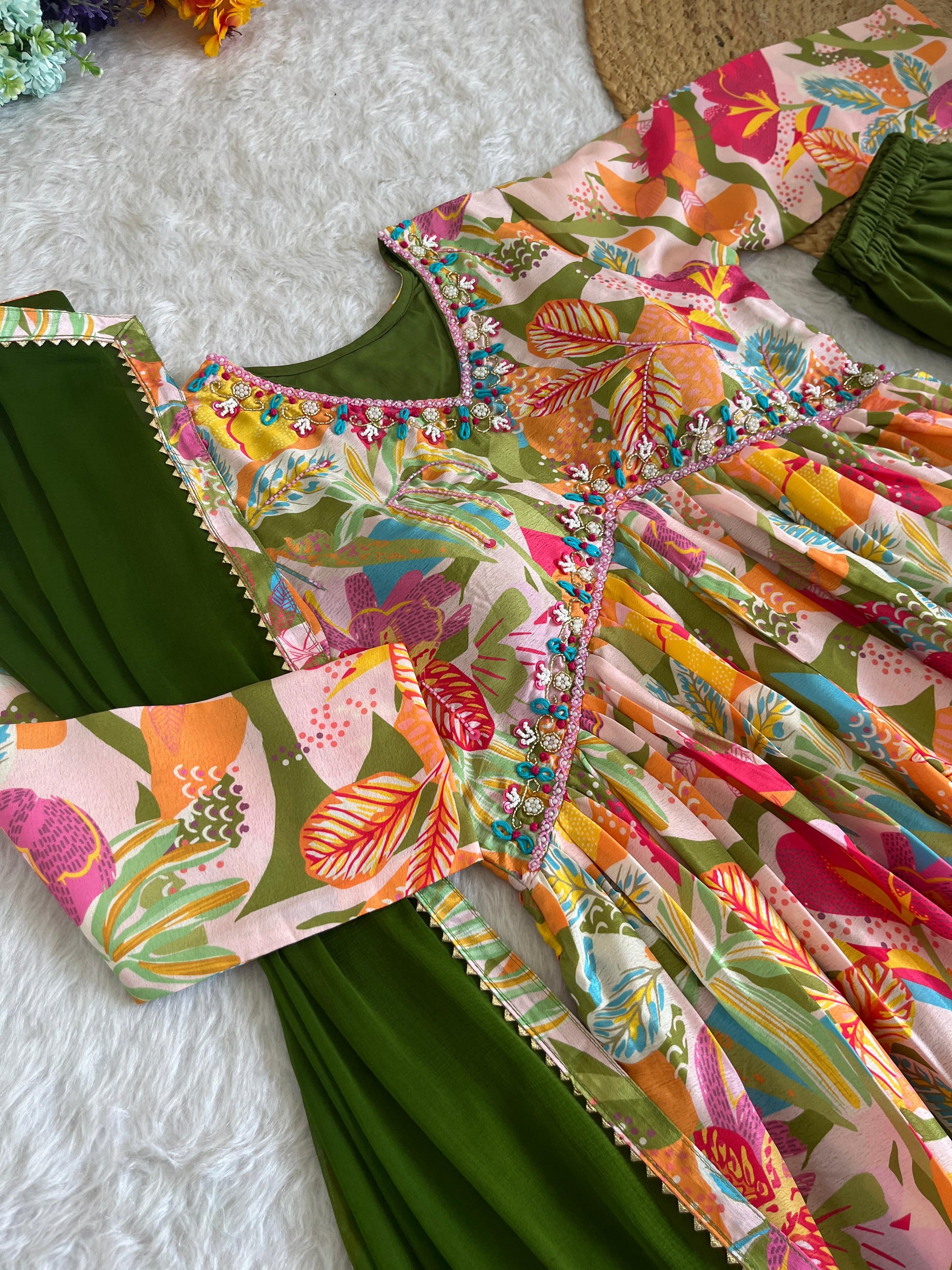 Magnificent Green Soft Chinon Floral Printed Handworked Festive Wear Anarkali Pant Suit - INDIAN ELEGANCE