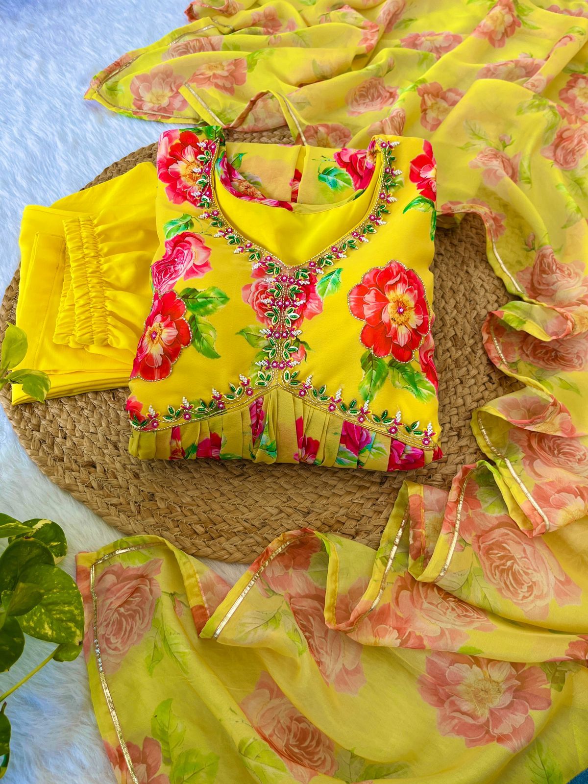 Spellbinding Yellow Faux Georgette Floral Handworked Anarkali Pant Suit - INDIAN ELEGANCE