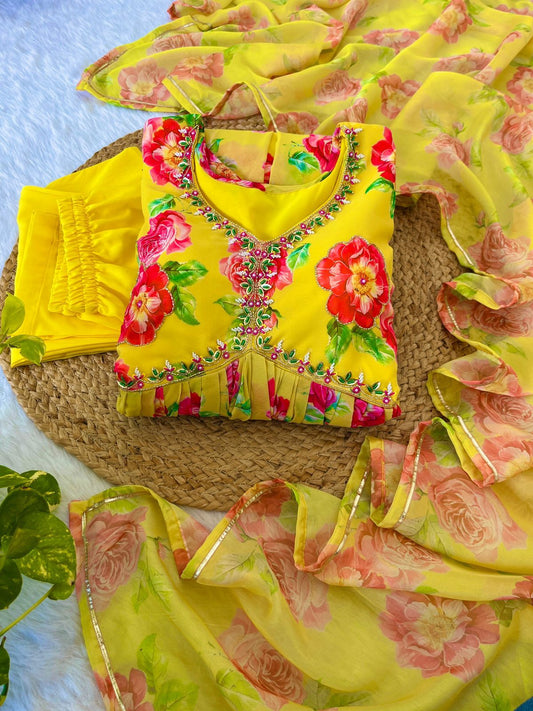 Spellbinding Yellow Faux Georgette Floral Handworked Anarkali Pant Suit - INDIAN ELEGANCE