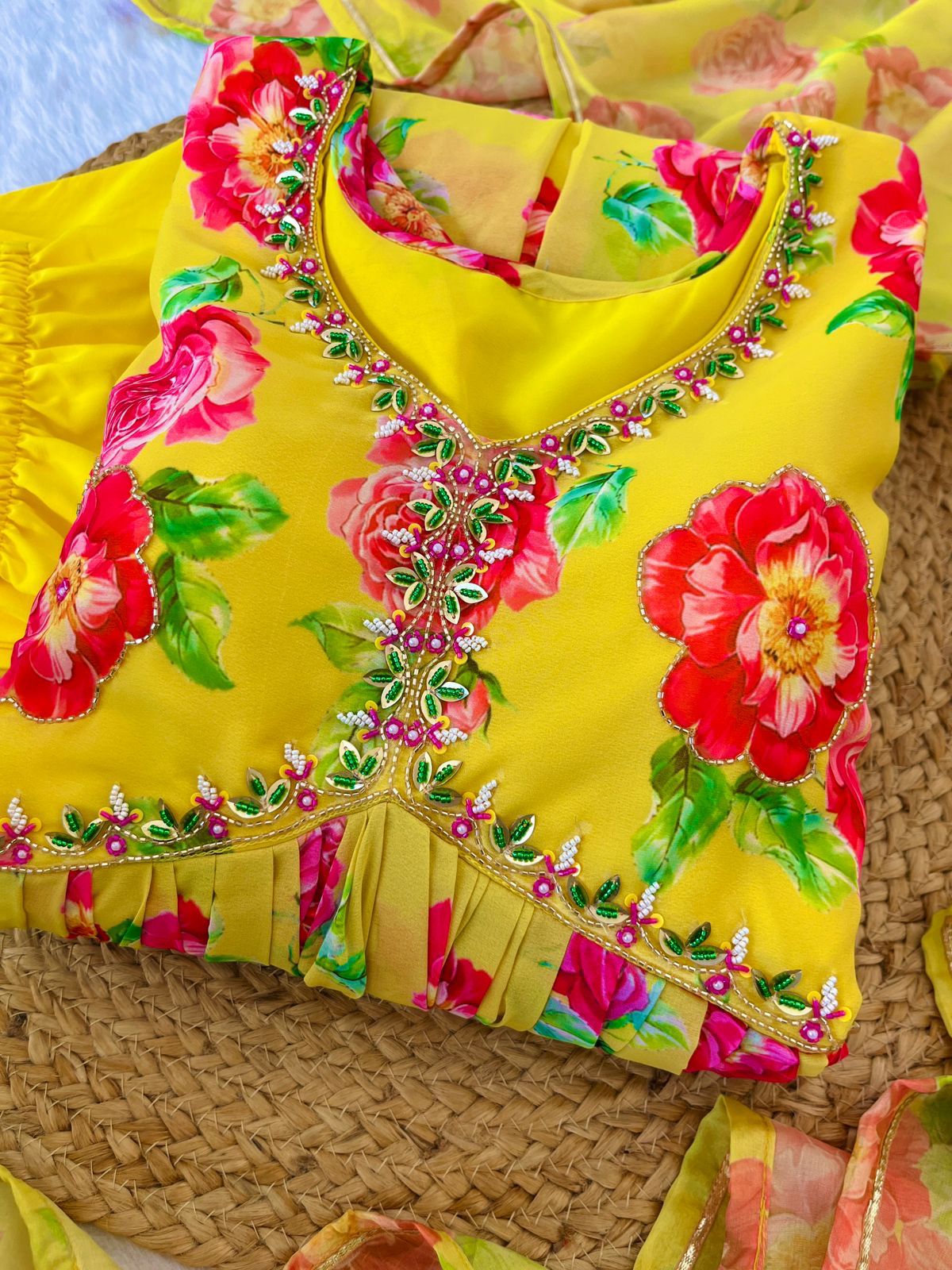 Spellbinding Yellow Faux Georgette Floral Handworked Anarkali Pant Suit - INDIAN ELEGANCE