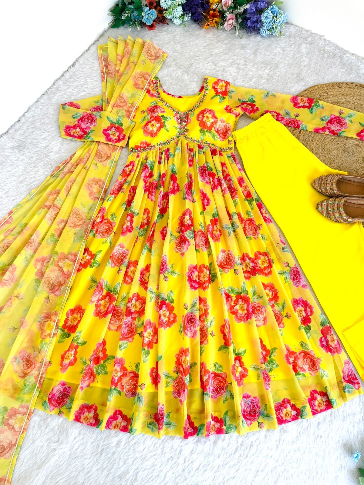 Spellbinding Yellow Faux Georgette Floral Handworked Anarkali Pant Suit - INDIAN ELEGANCE