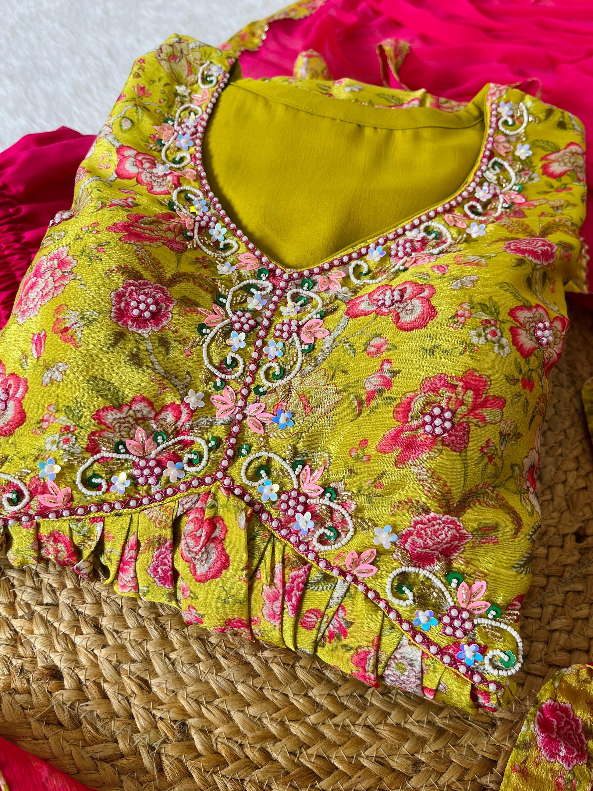 Hypnotic Yellow Soft Chinon Floral Printed Handworked Anarkali Pant Suit - INDIAN ELEGANCE