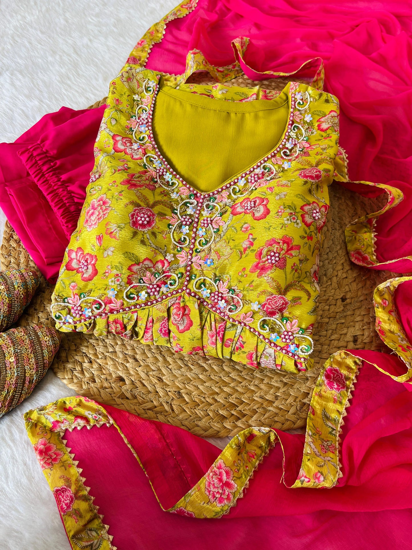 Hypnotic Yellow Soft Chinon Floral Printed Handworked Anarkali Pant Suit - INDIAN ELEGANCE