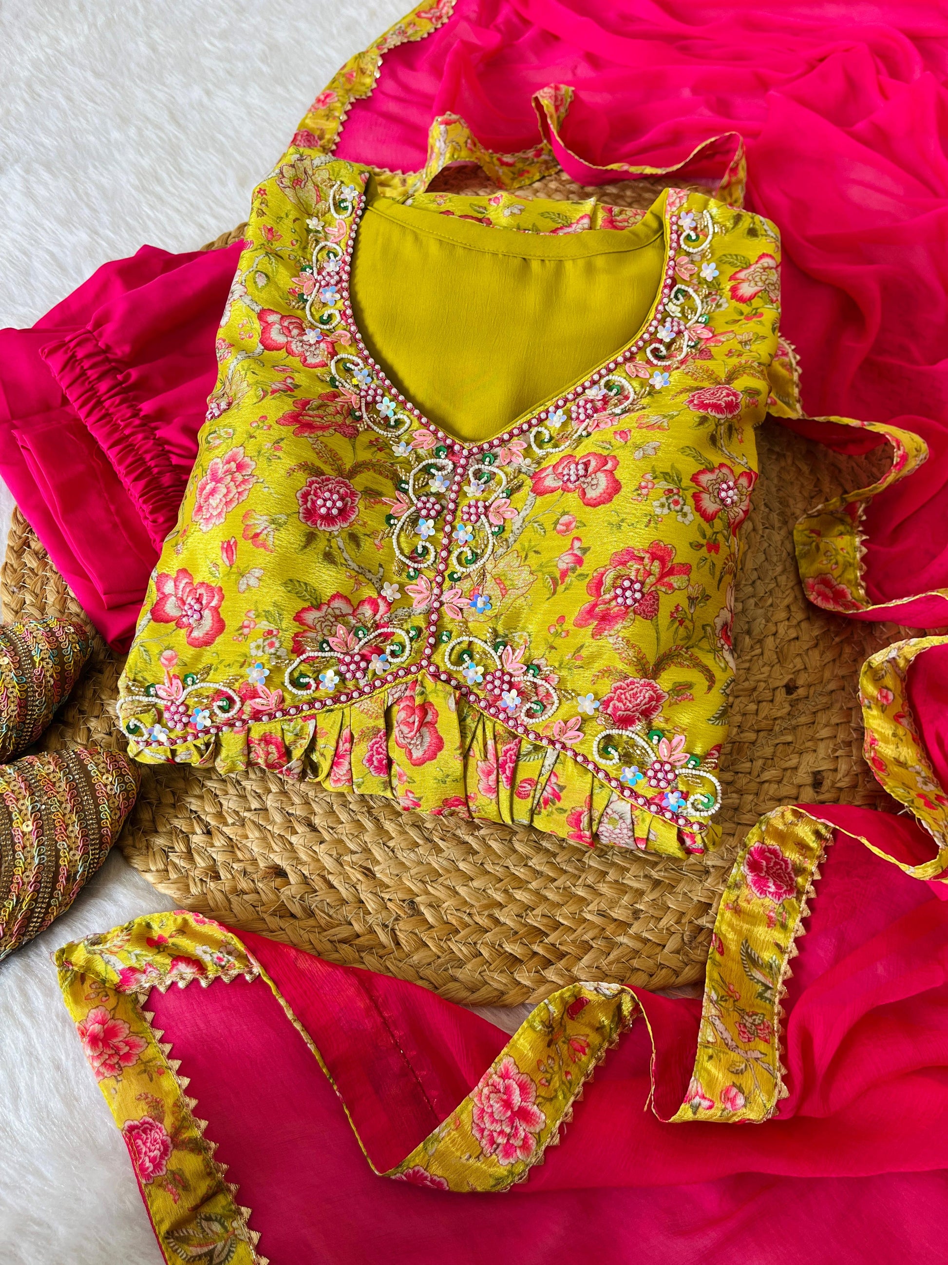 Hypnotic Yellow Soft Chinon Floral Printed Handworked Anarkali Pant Suit - INDIAN ELEGANCE