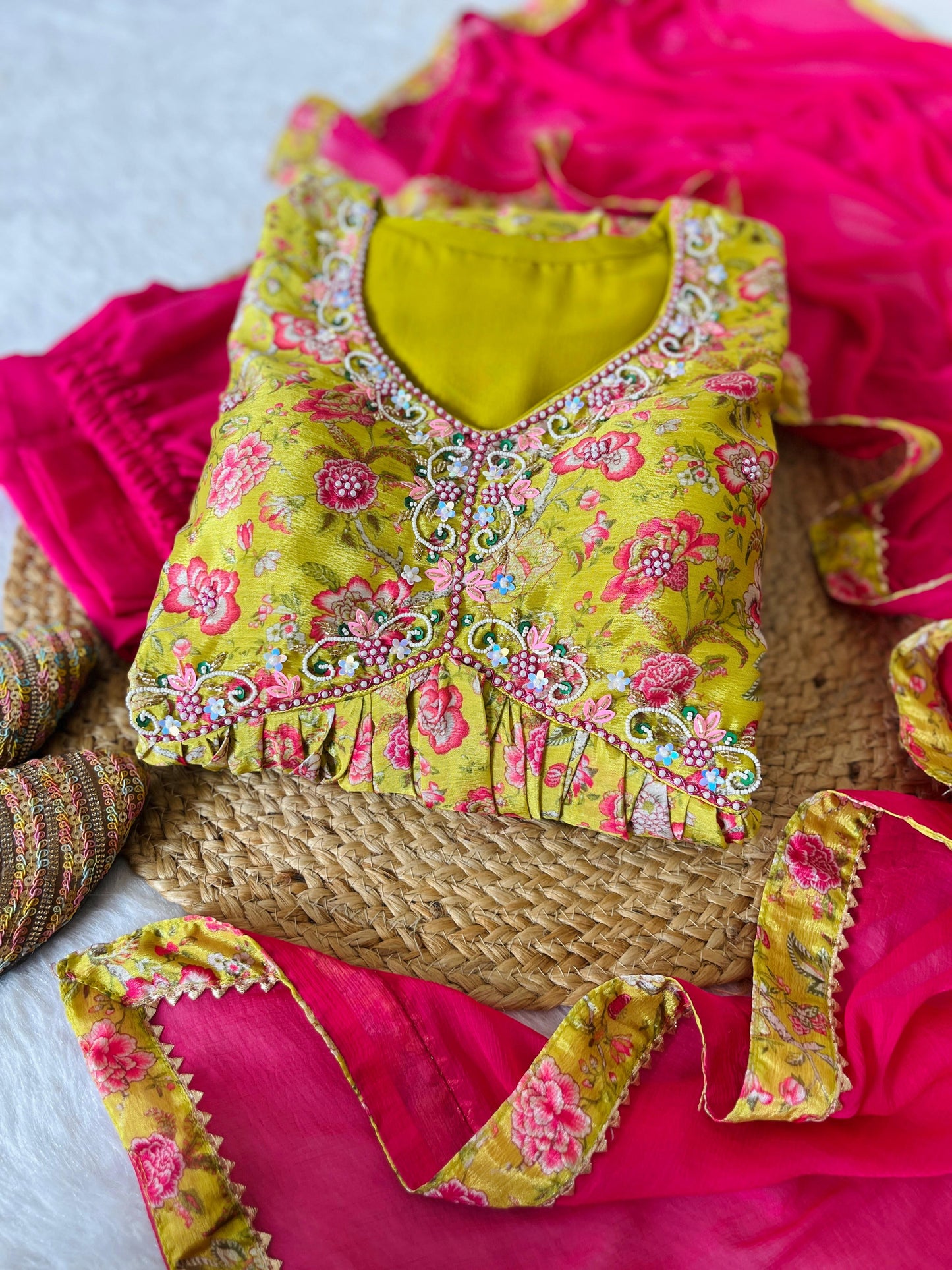 Hypnotic Yellow Soft Chinon Floral Printed Handworked Anarkali Pant Suit - INDIAN ELEGANCE