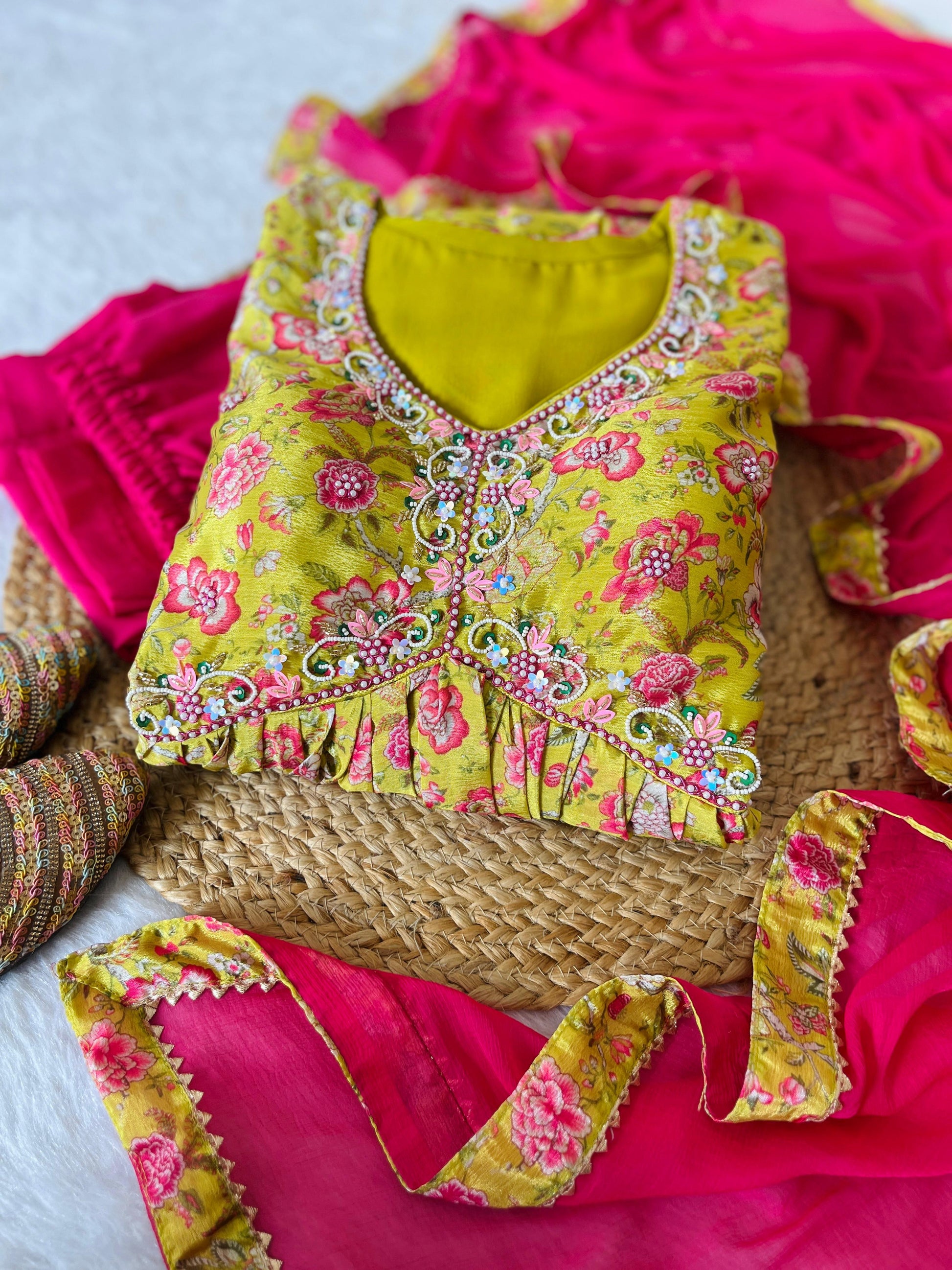 Hypnotic Yellow Soft Chinon Floral Printed Handworked Anarkali Pant Suit - INDIAN ELEGANCE