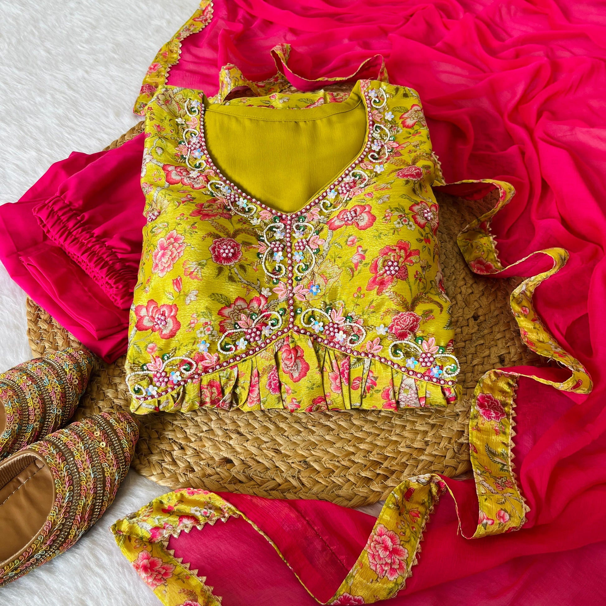 Hypnotic Yellow Soft Chinon Floral Printed Handworked Anarkali Pant Suit - INDIAN ELEGANCE