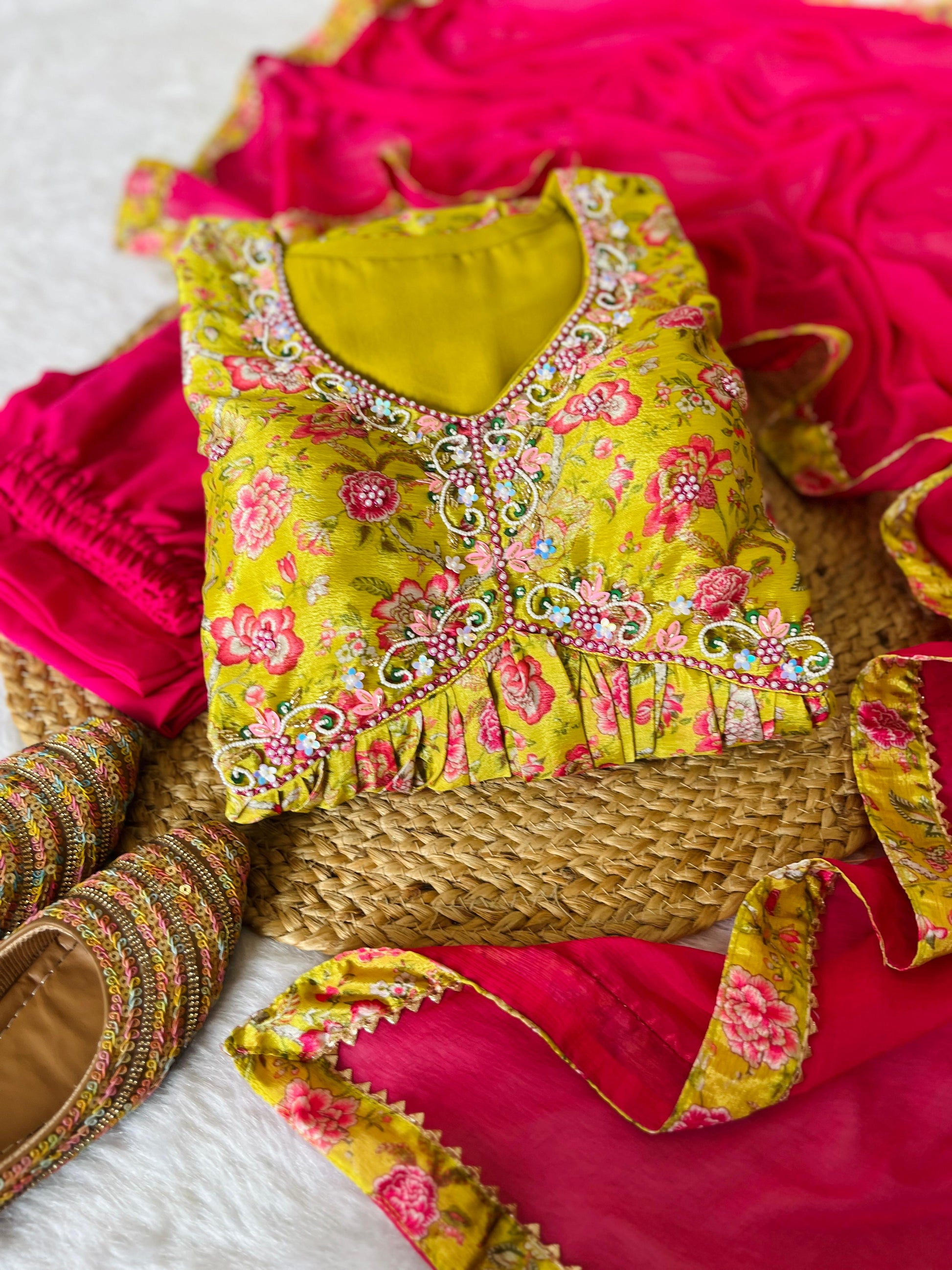 Hypnotic Yellow Soft Chinon Floral Printed Handworked Anarkali Pant Suit - INDIAN ELEGANCE