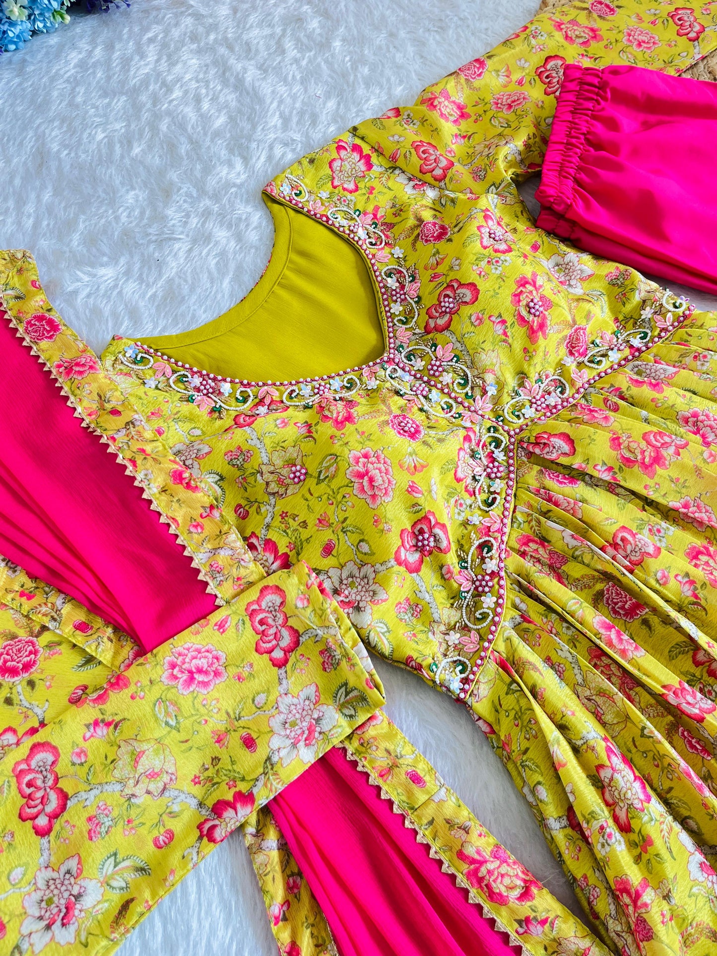 Hypnotic Yellow Soft Chinon Floral Printed Handworked Anarkali Pant Suit - INDIAN ELEGANCE
