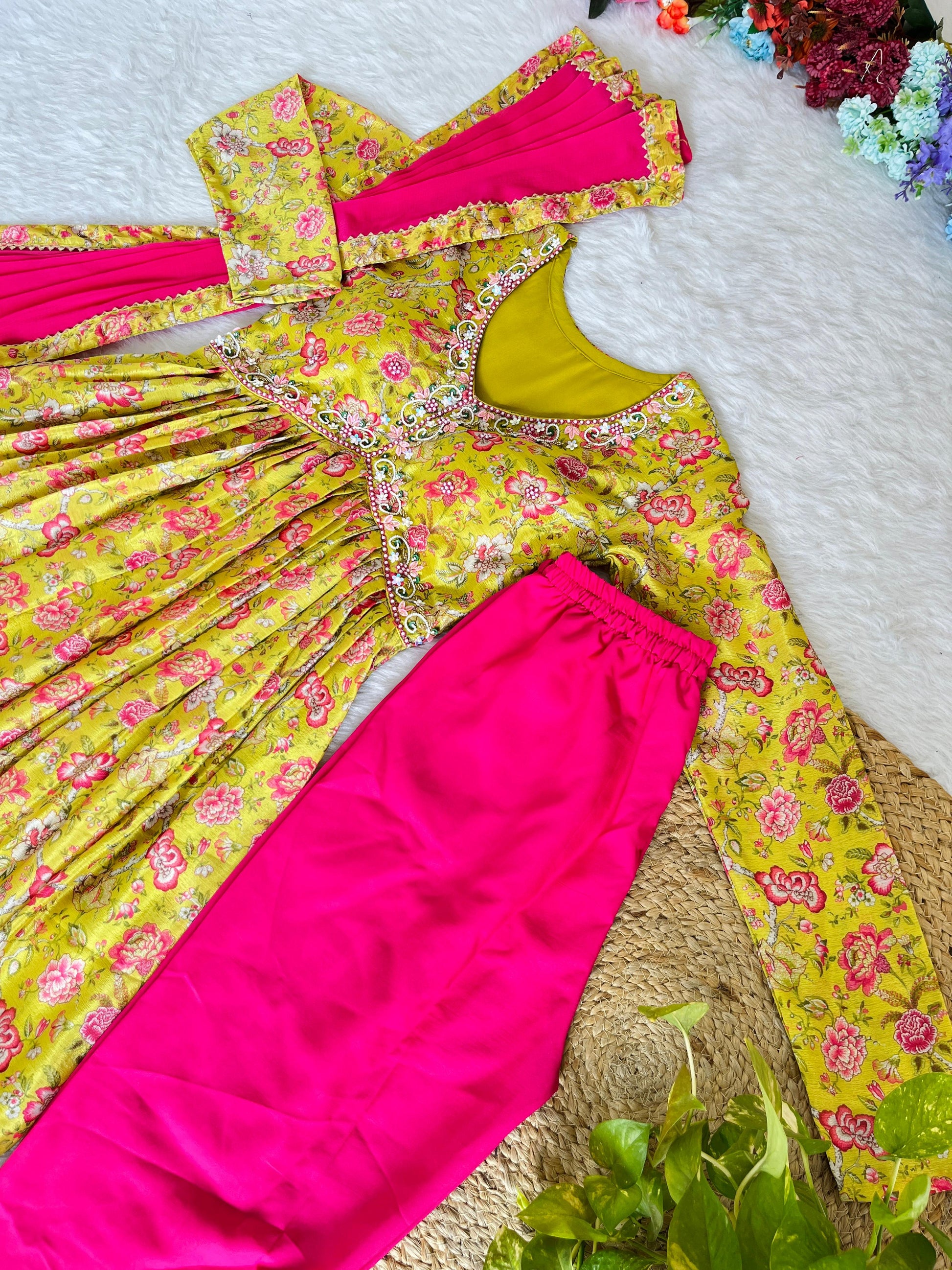 Hypnotic Yellow Soft Chinon Floral Printed Handworked Anarkali Pant Suit - INDIAN ELEGANCE