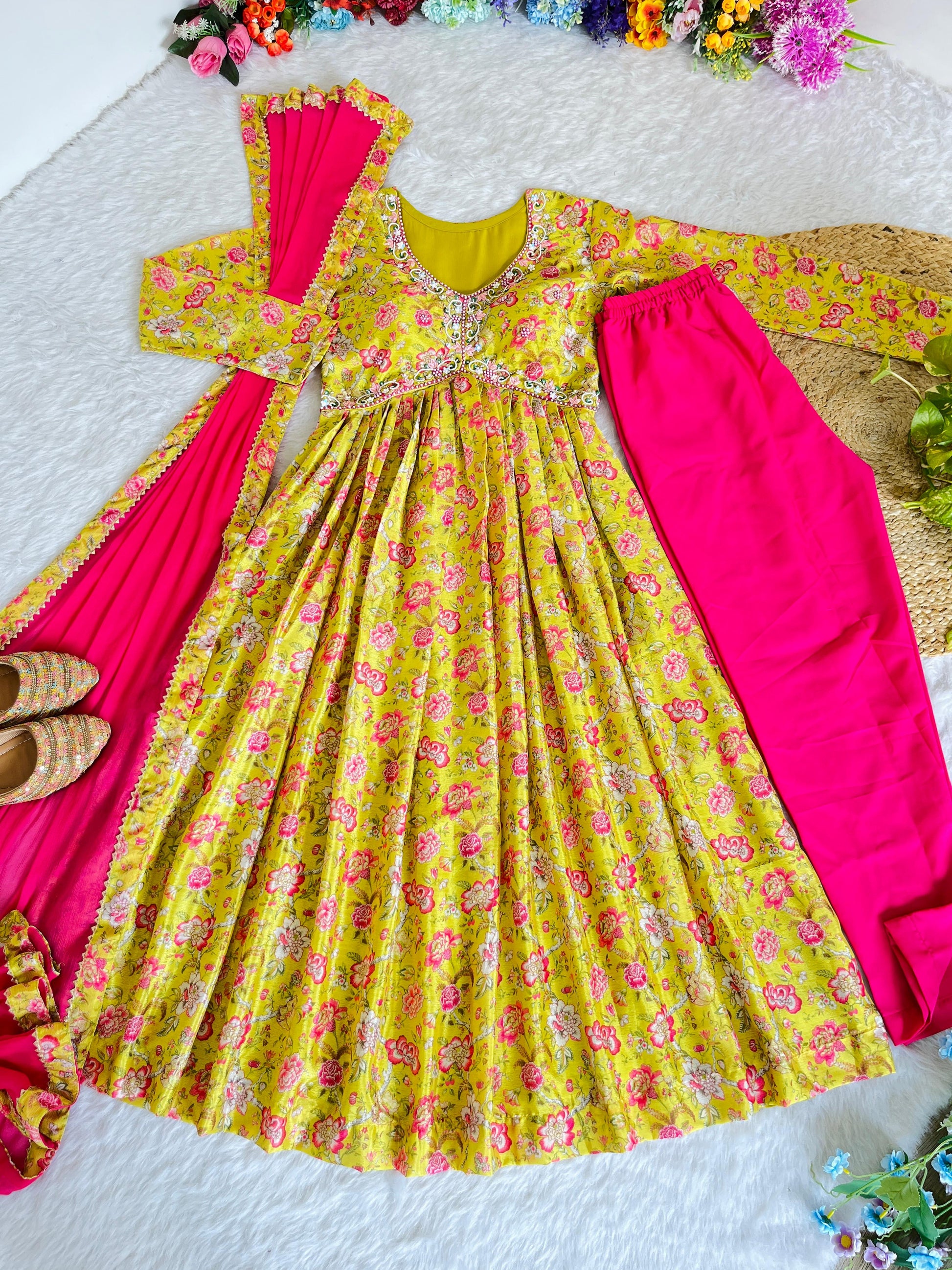 Hypnotic Yellow Soft Chinon Floral Printed Handworked Anarkali Pant Suit - INDIAN ELEGANCE