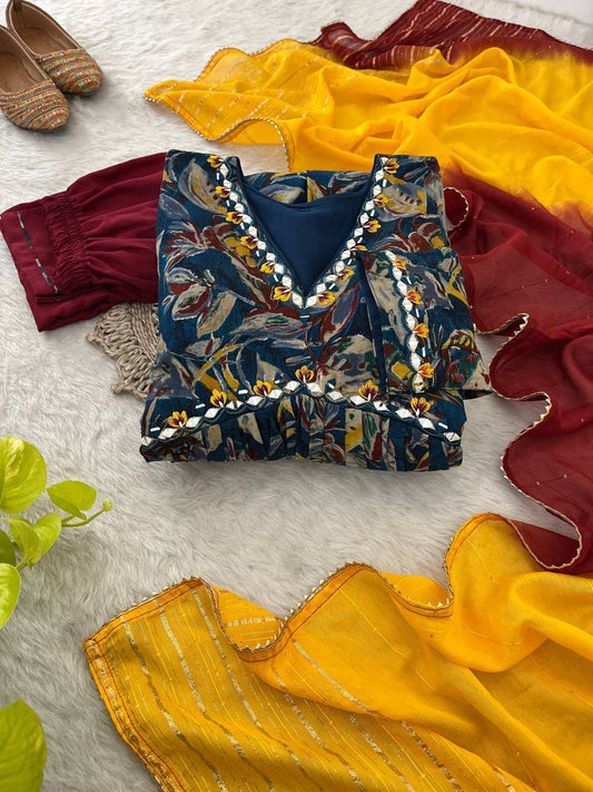 Stunning Pure Viscous Chanderi Handworked Anarkali Pant Suit - INDIAN ELEGANCE