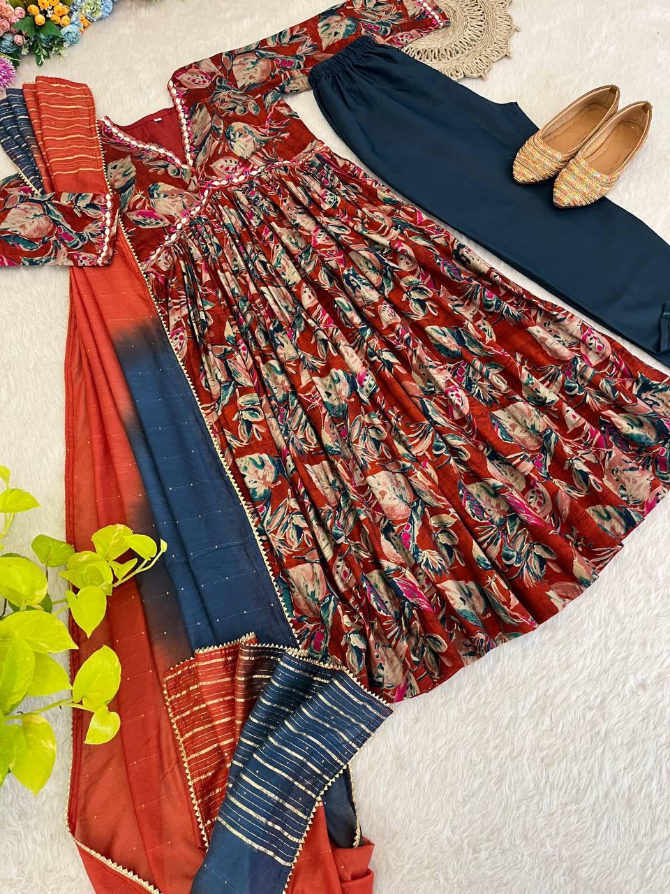 Stunning Pure Viscous Chanderi Handworked Anarkali Pant Suit - INDIAN ELEGANCE