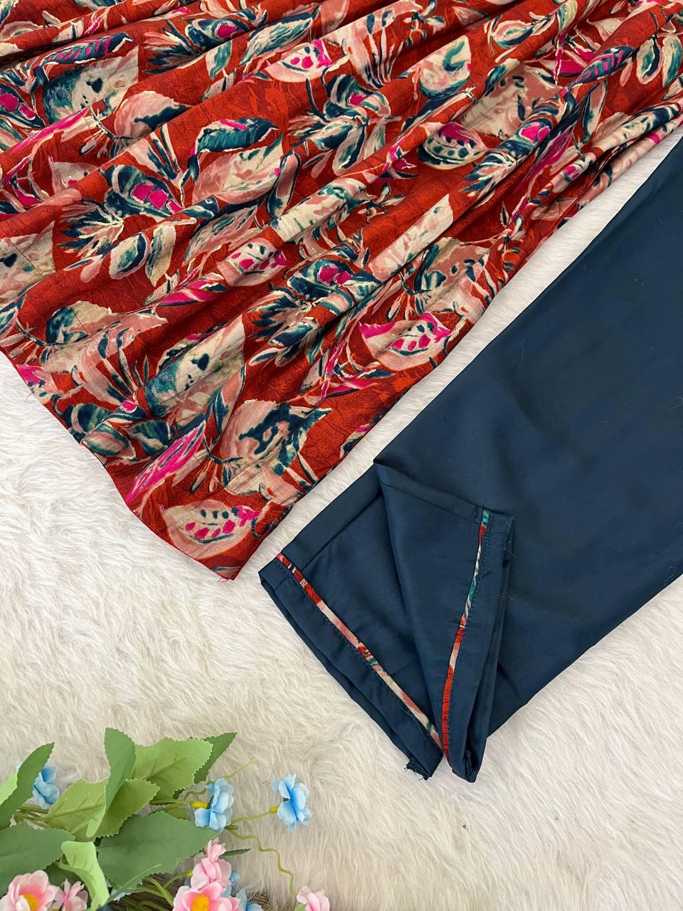 Stunning Pure Viscous Chanderi Handworked Anarkali Pant Suit - INDIAN ELEGANCE
