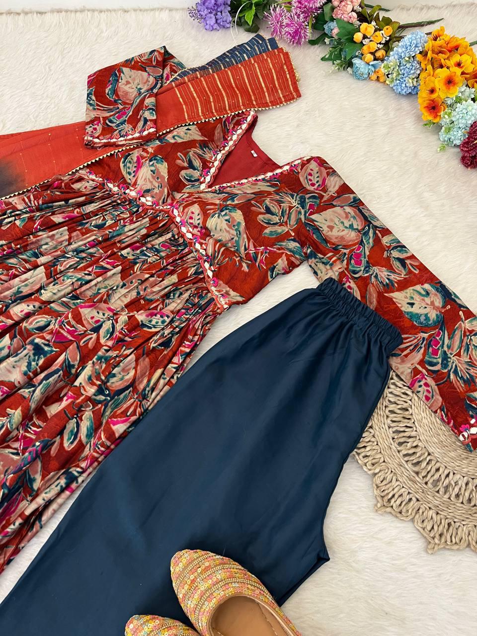 Stunning Pure Viscous Chanderi Handworked Anarkali Pant Suit - INDIAN ELEGANCE