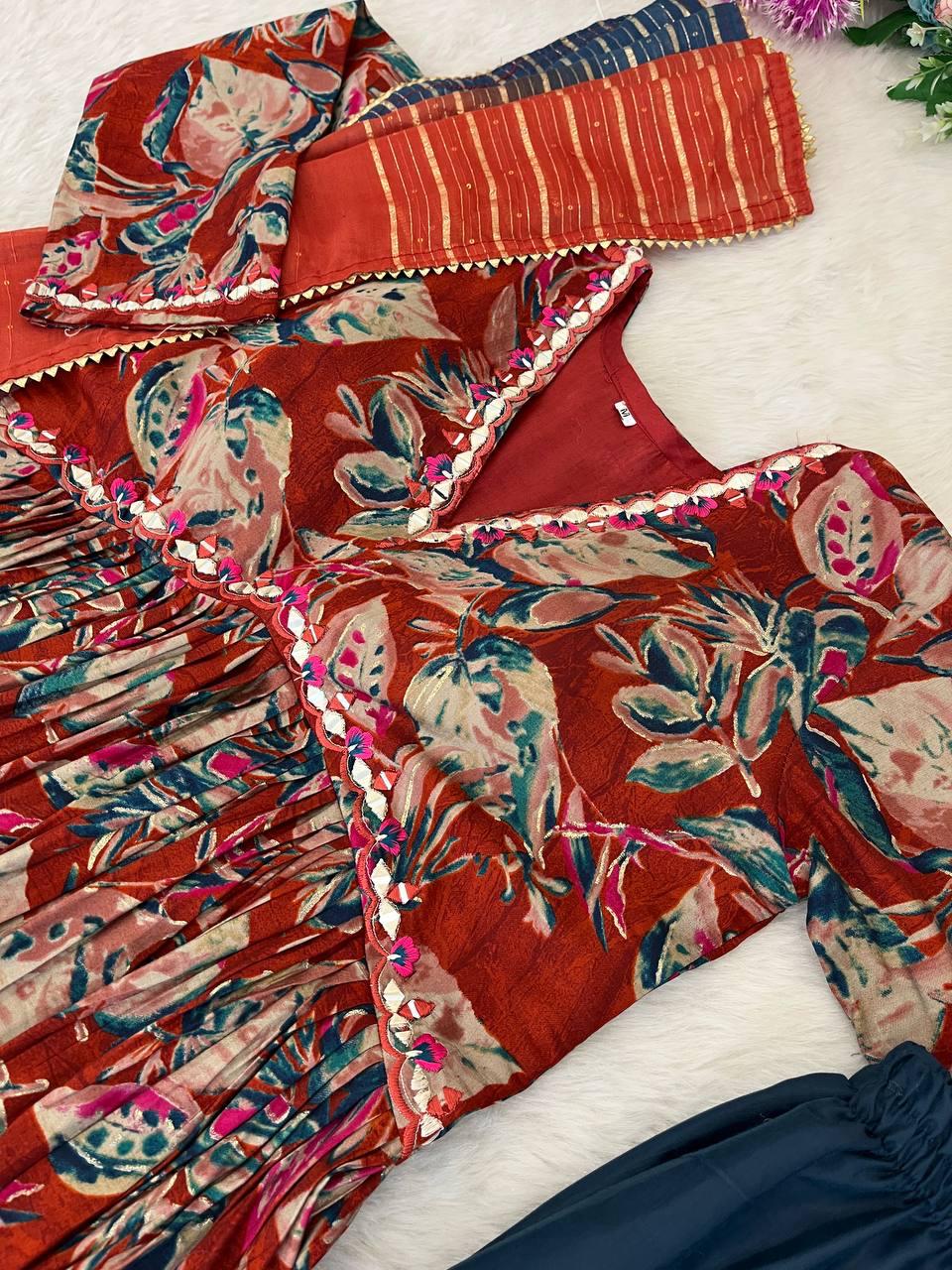 Stunning Pure Viscous Chanderi Handworked Anarkali Pant Suit - INDIAN ELEGANCE