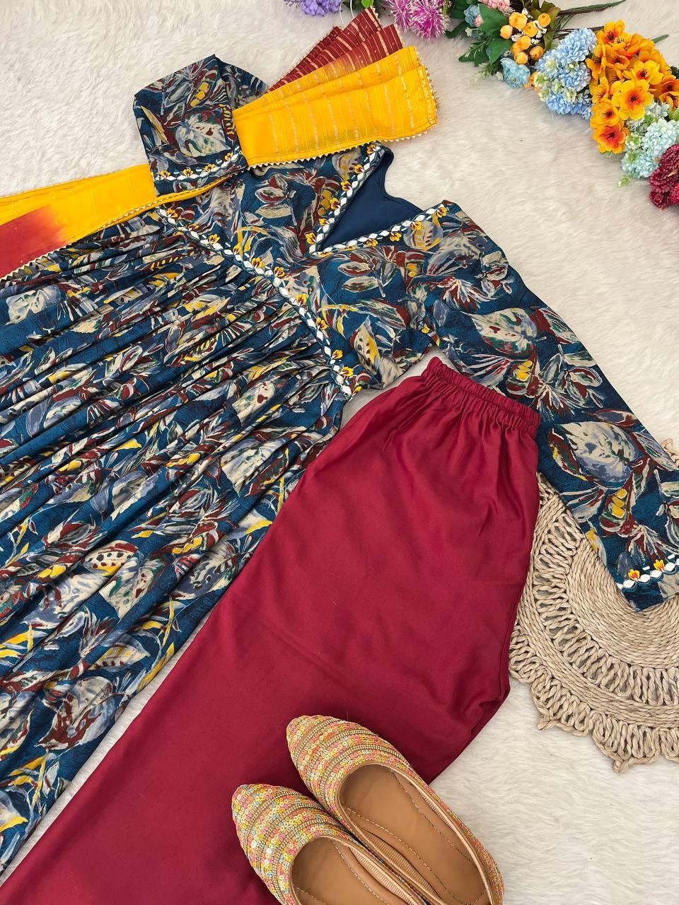 Stunning Pure Viscous Chanderi Handworked Anarkali Pant Suit - INDIAN ELEGANCE