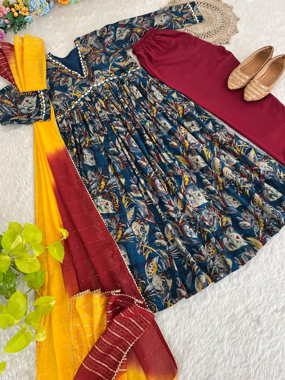 Stunning Pure Viscous Chanderi Handworked Anarkali Pant Suit - INDIAN ELEGANCE