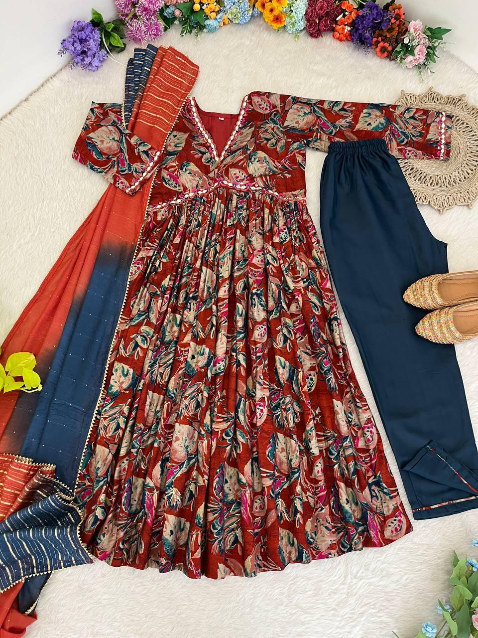 Stunning Pure Viscous Chanderi Handworked Anarkali Pant Suit - INDIAN ELEGANCE