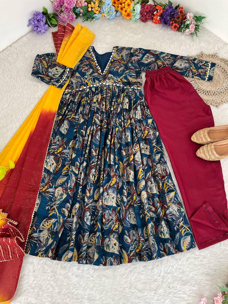 Stunning Pure Viscous Chanderi Handworked Anarkali Pant Suit - INDIAN ELEGANCE