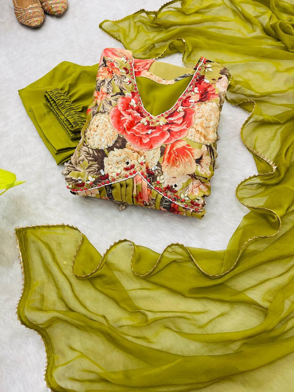 Fabulous Green Soft Chinon Floral Printed Handworked Festive Wear Suit - INDIAN ELEGANCE