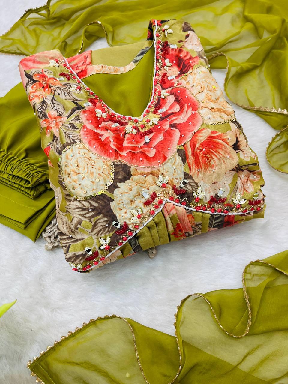 Fabulous Green Soft Chinon Floral Printed Handworked Festive Wear Suit - INDIAN ELEGANCE