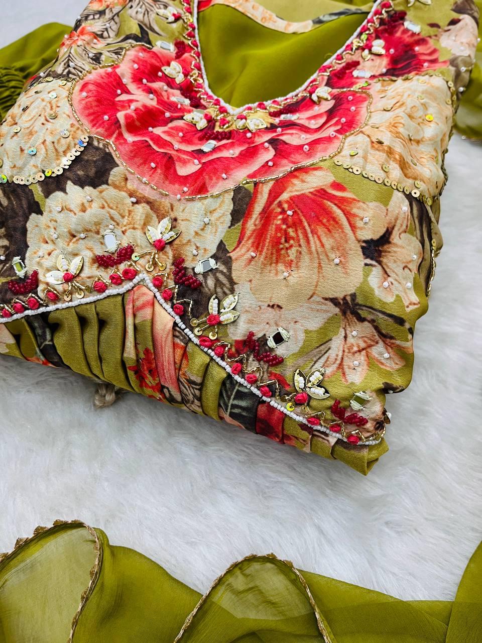 Fabulous Green Soft Chinon Floral Printed Handworked Festive Wear Suit - INDIAN ELEGANCE