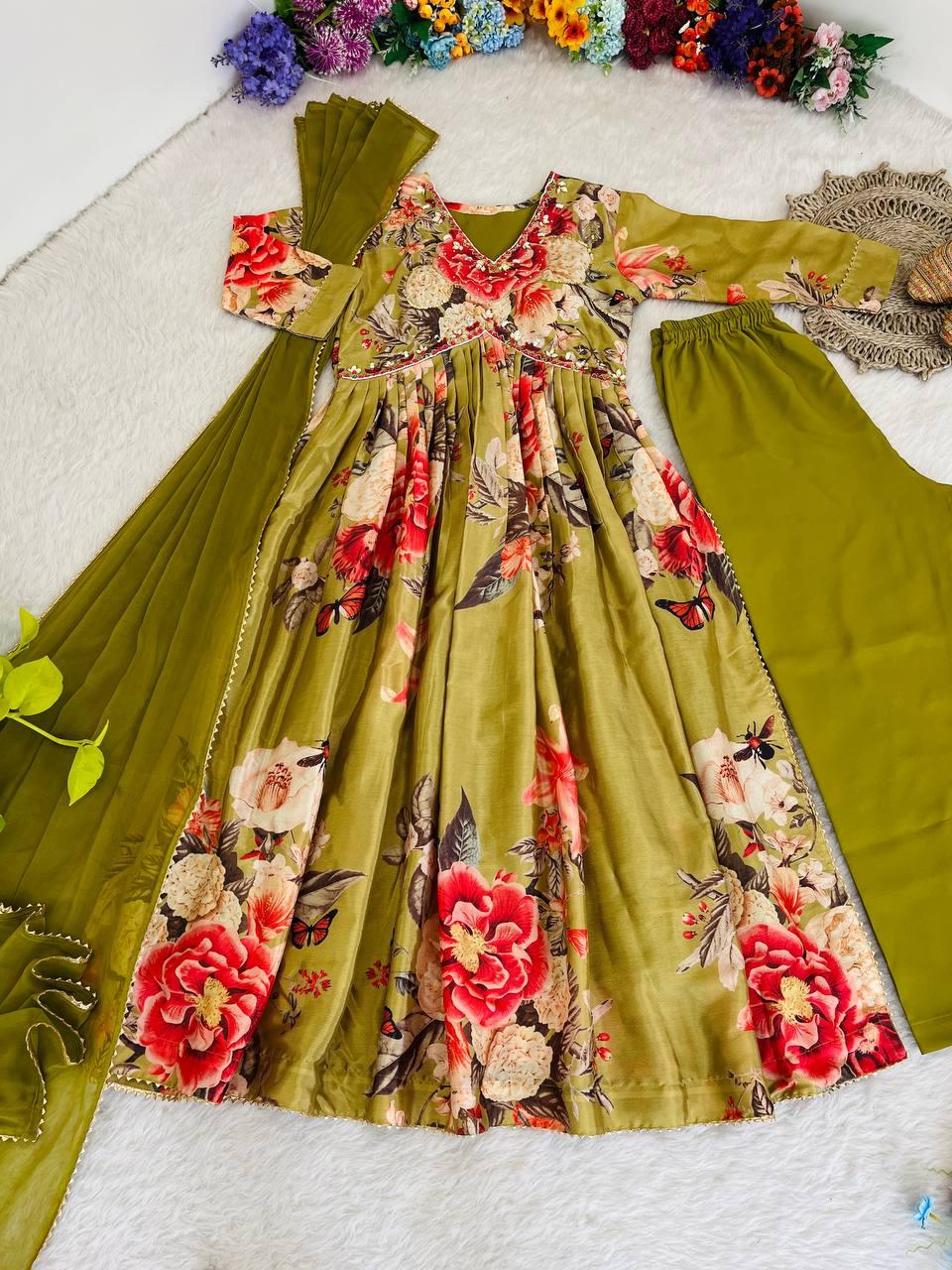 Fabulous Green Soft Chinon Floral Printed Handworked Festive Wear Suit - INDIAN ELEGANCE