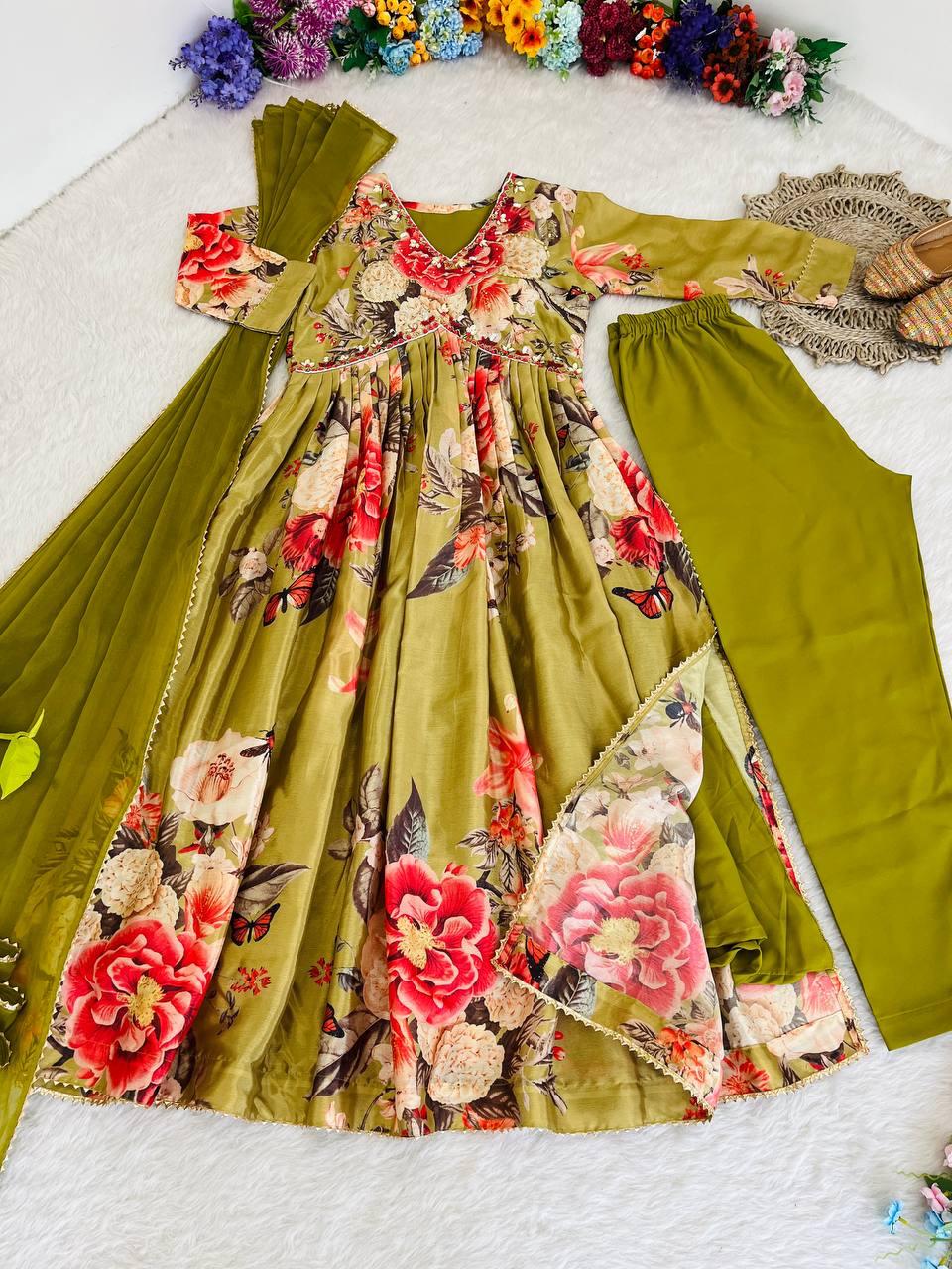 Fabulous Green Soft Chinon Floral Printed Handworked Festive Wear Suit - INDIAN ELEGANCE