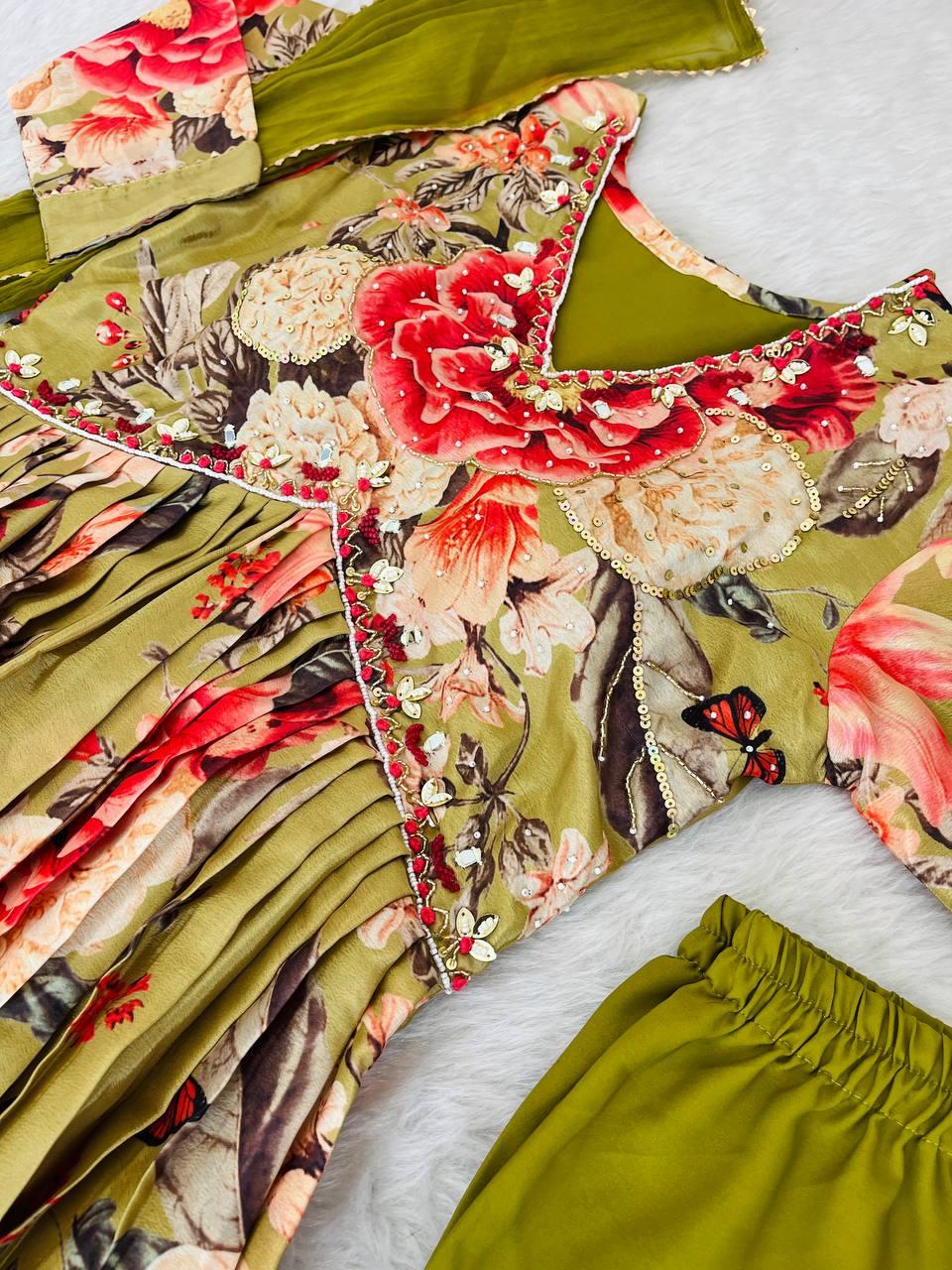 Fabulous Green Soft Chinon Floral Printed Handworked Festive Wear Suit - INDIAN ELEGANCE