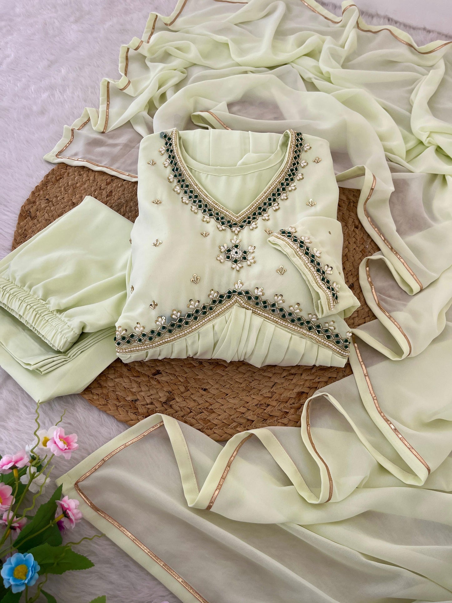 Stunning Off White Faux Georgette Handworked Anarkali Pant Suit - INDIAN ELEGANCE