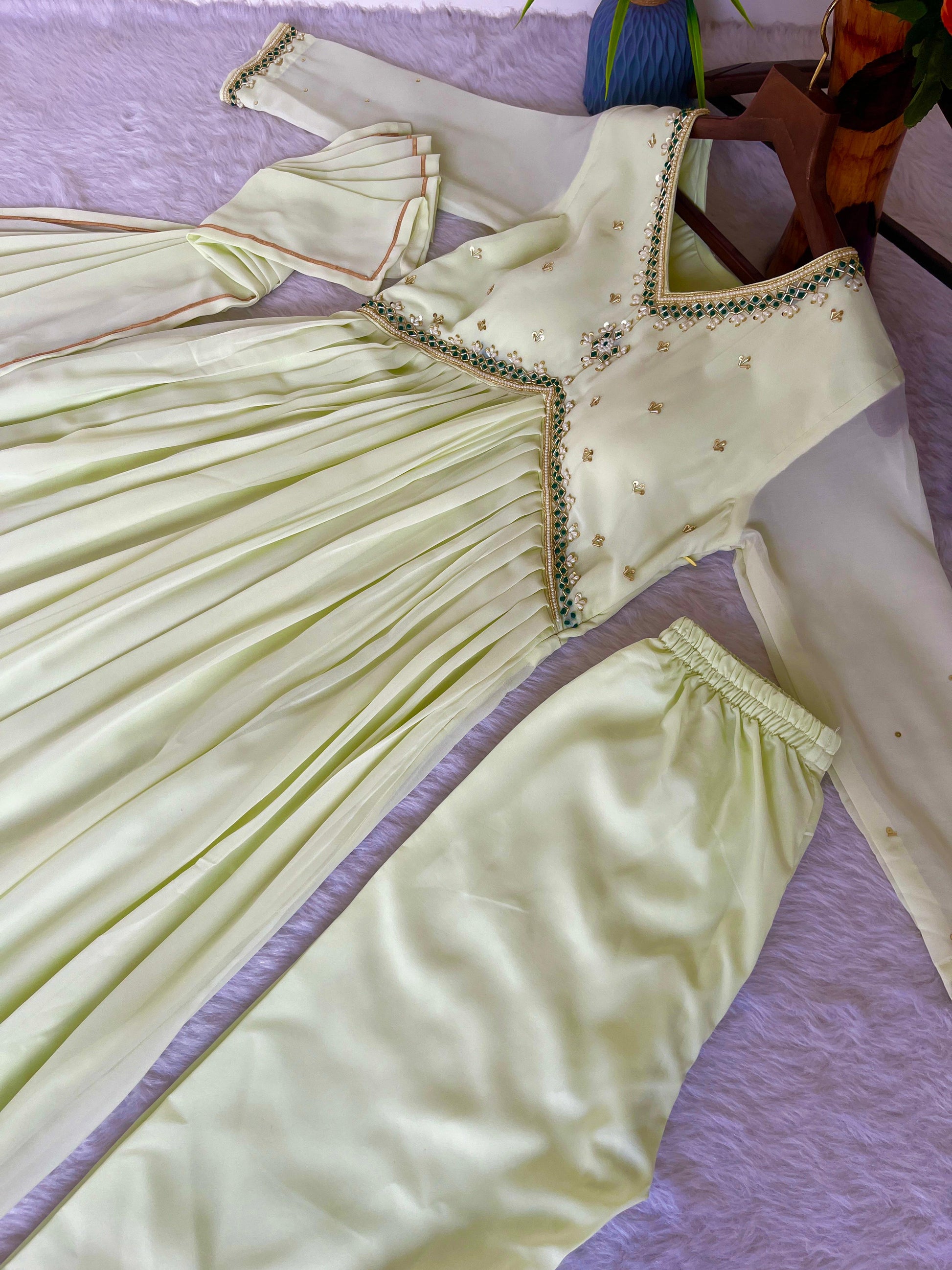Stunning Off White Faux Georgette Handworked Anarkali Pant Suit - INDIAN ELEGANCE