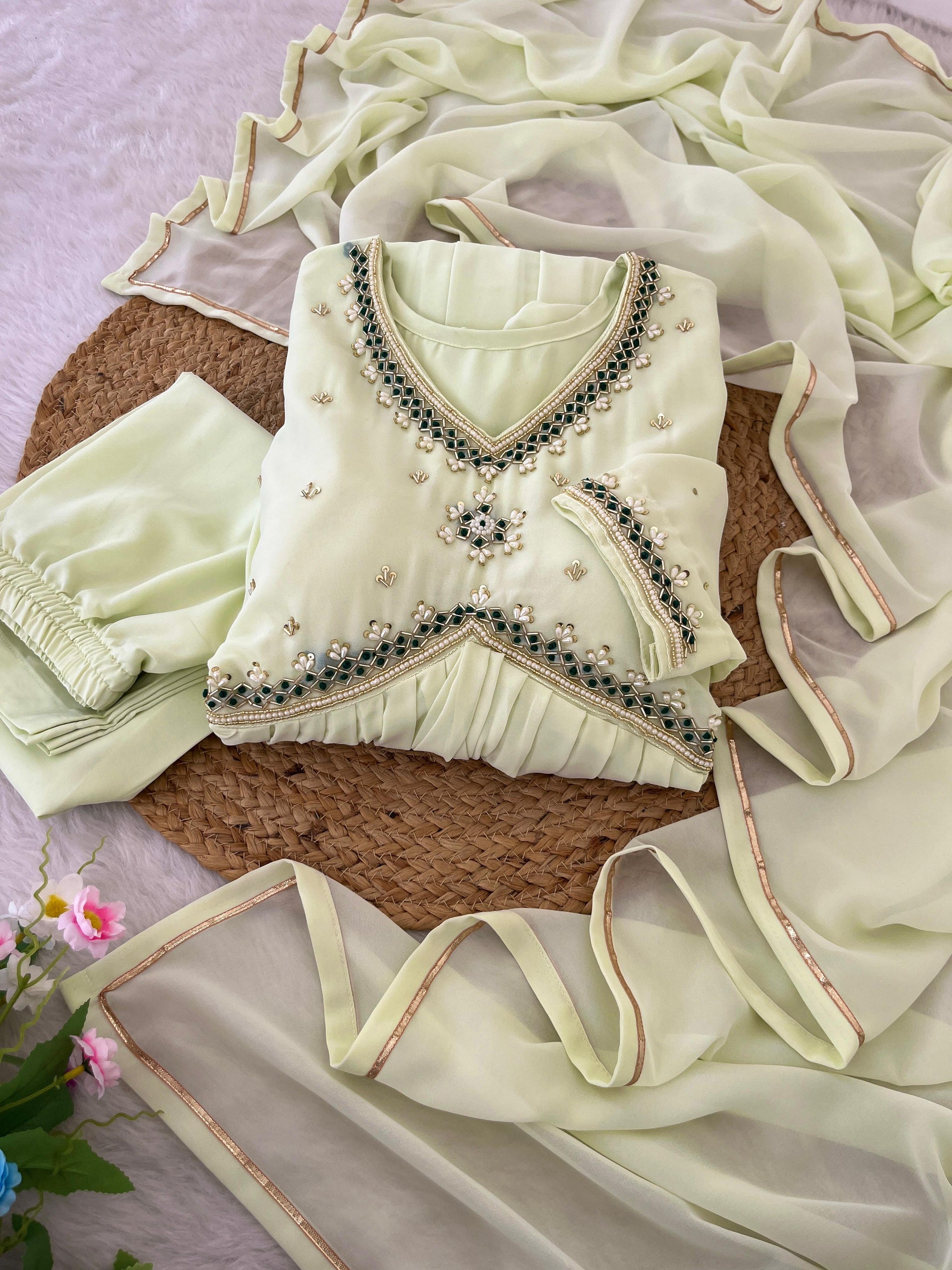 Stunning Off White Faux Georgette Handworked Anarkali Pant Suit - INDIAN ELEGANCE