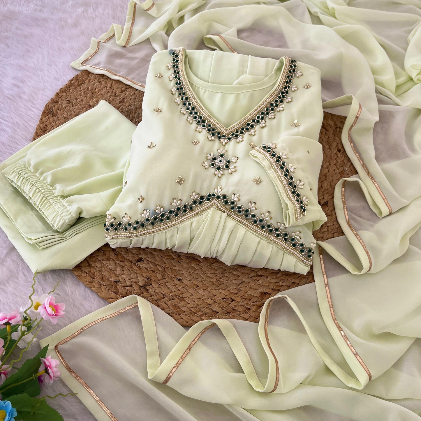 Stunning Off White Faux Georgette Handworked Anarkali Pant Suit - INDIAN ELEGANCE