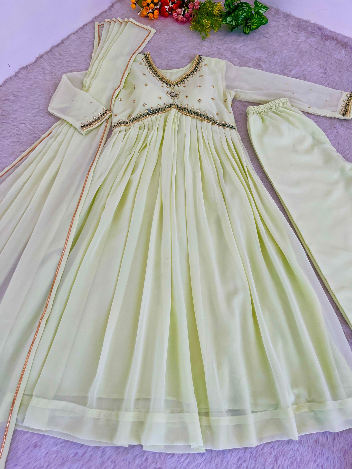 Stunning Off White Faux Georgette Handworked Anarkali Pant Suit - INDIAN ELEGANCE