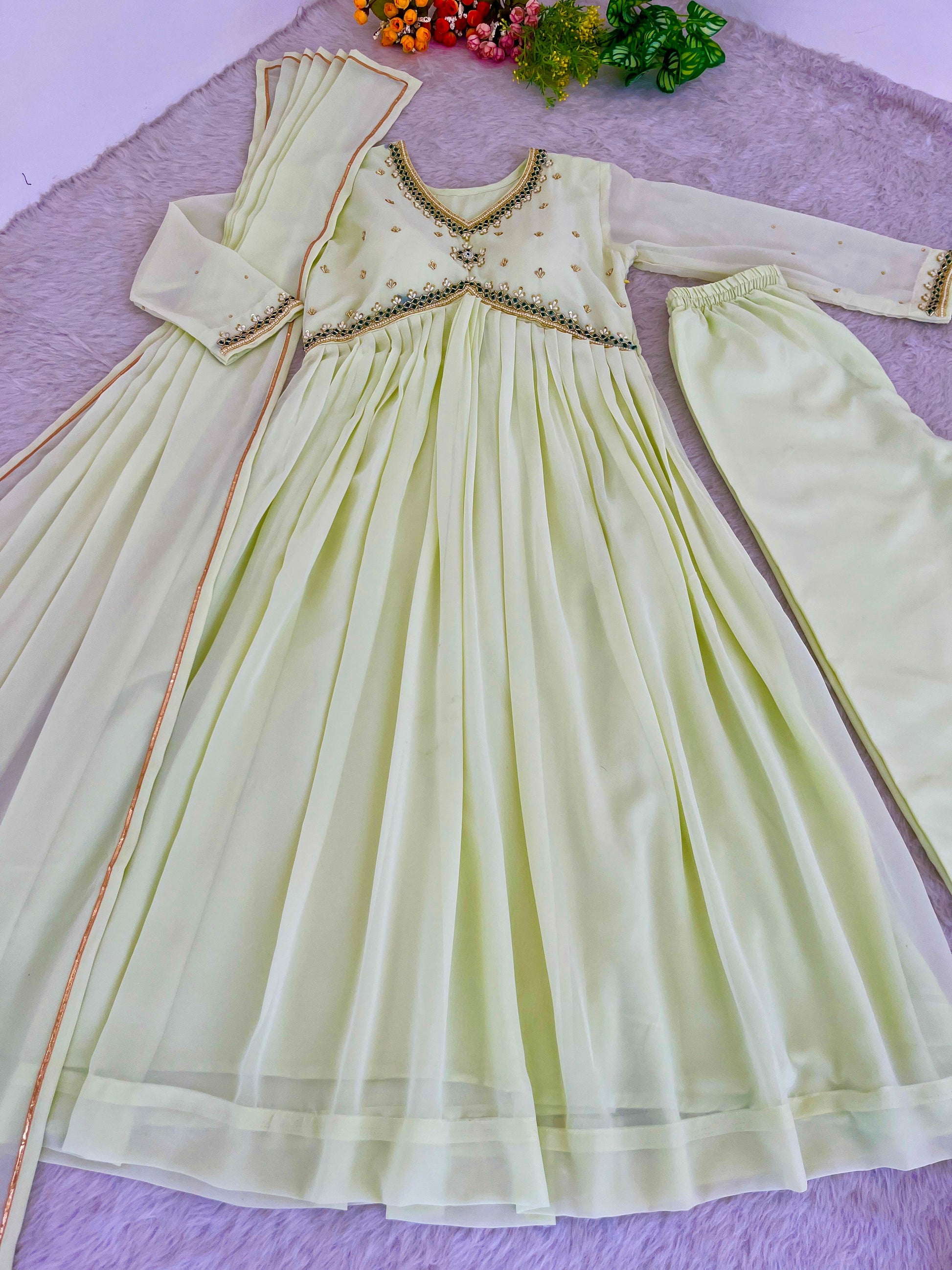 Stunning Off White Faux Georgette Handworked Anarkali Pant Suit - INDIAN ELEGANCE