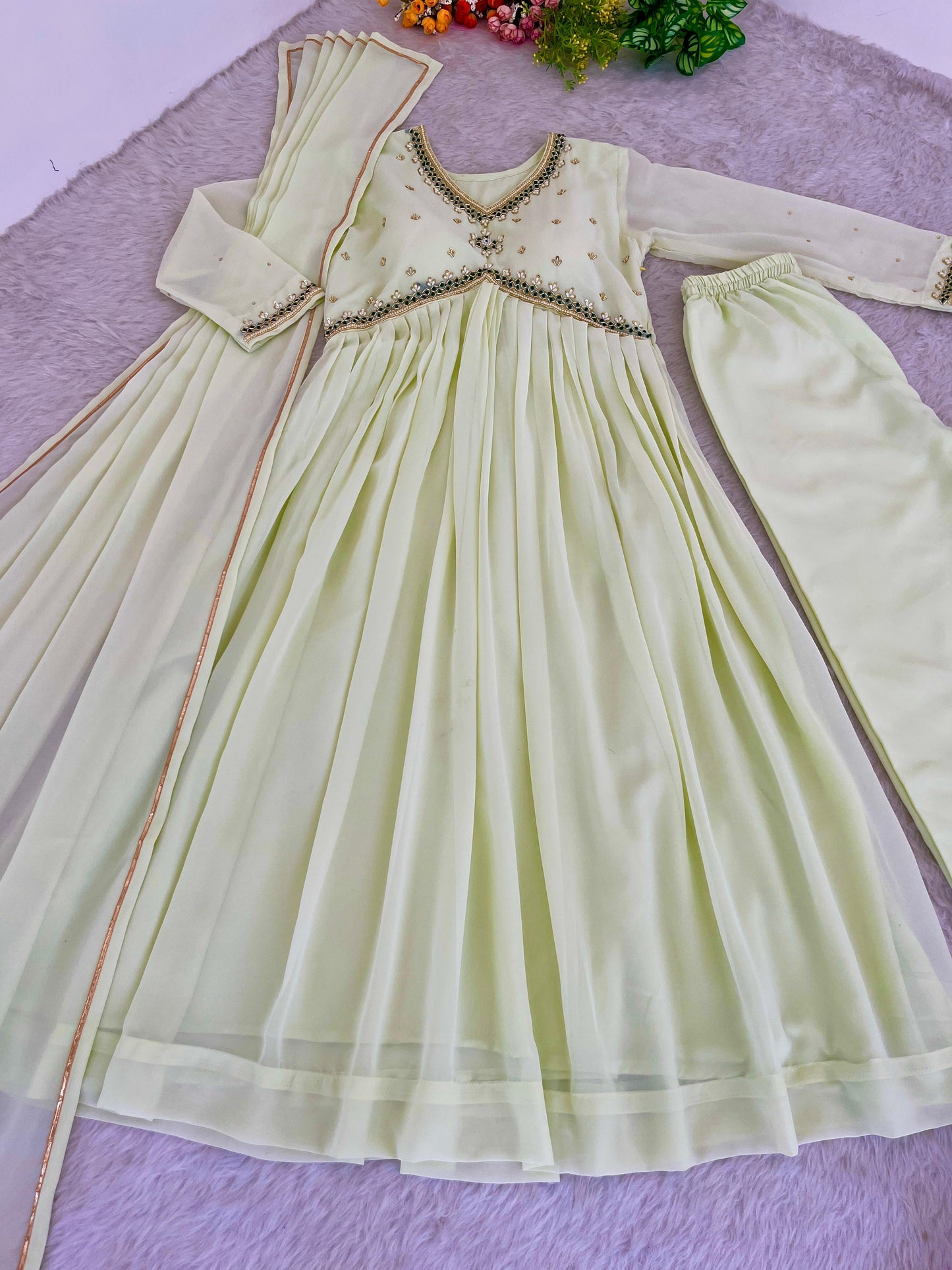 Stunning Off White Faux Georgette Handworked Anarkali Pant Suit - INDIAN ELEGANCE