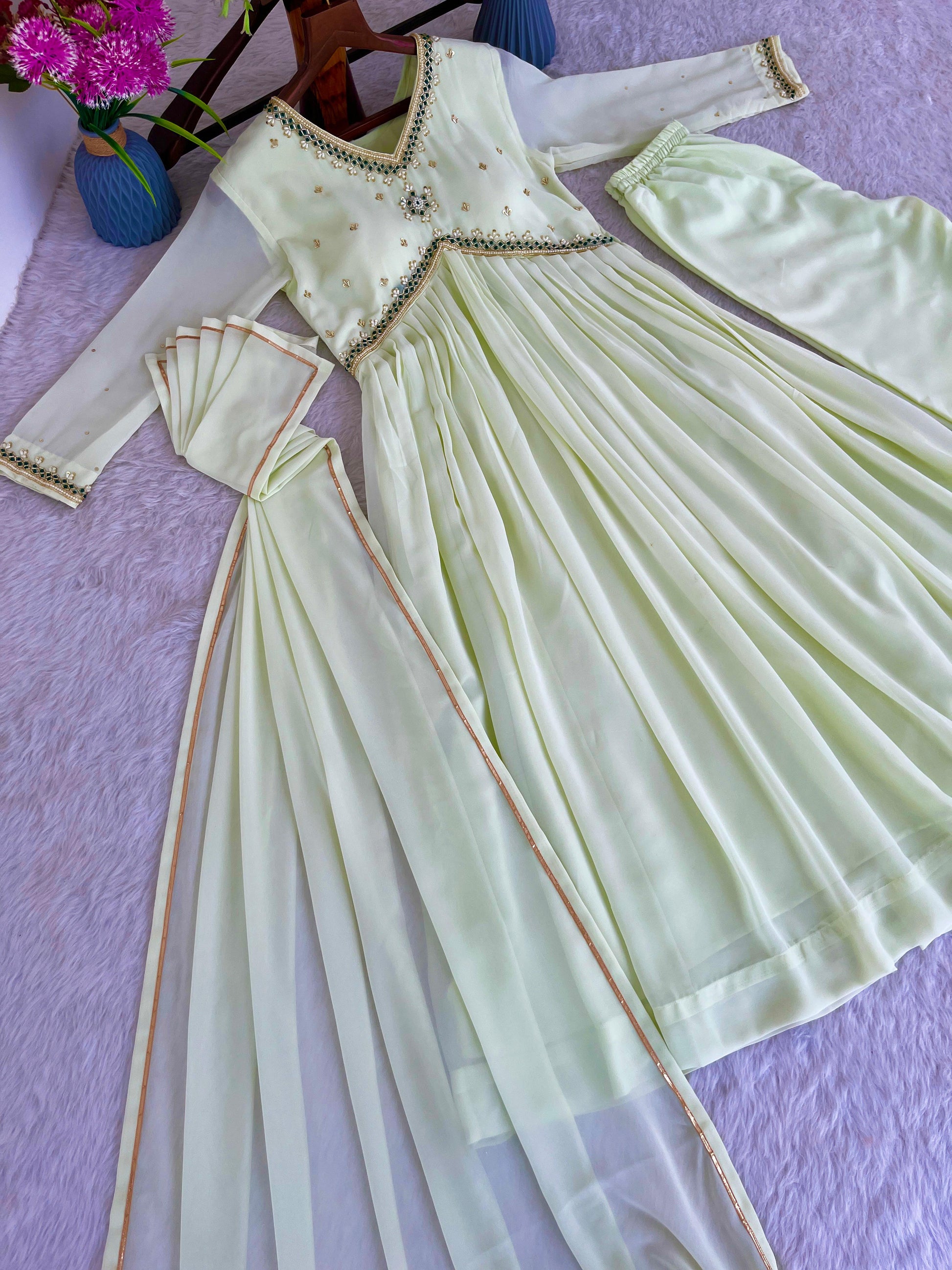 Stunning Off White Faux Georgette Handworked Anarkali Pant Suit - INDIAN ELEGANCE