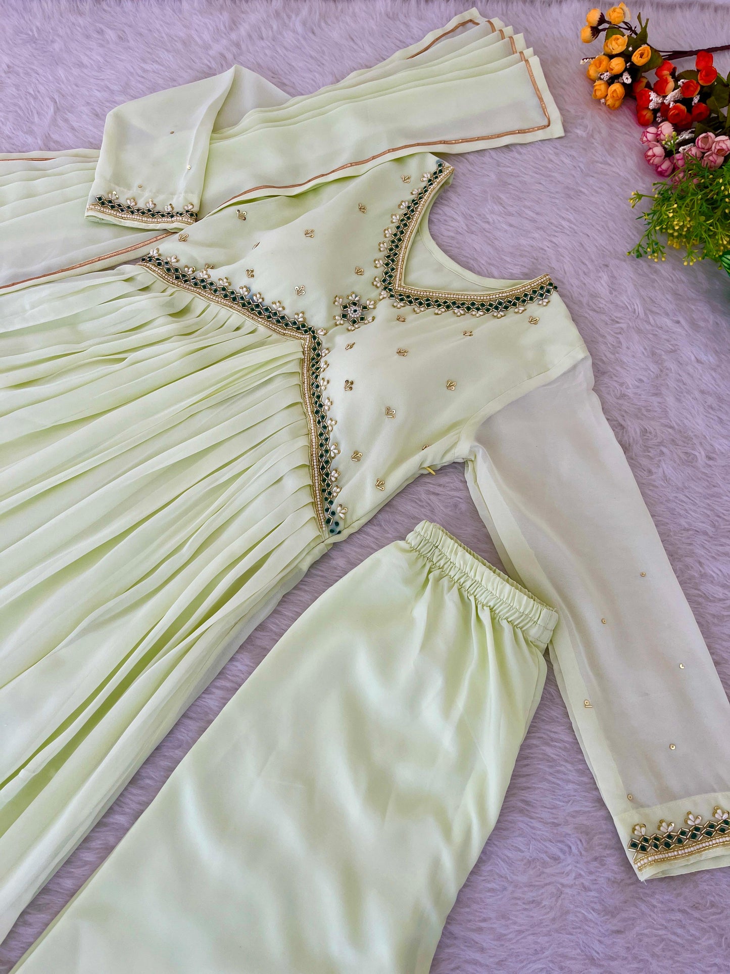 Stunning Off White Faux Georgette Handworked Anarkali Pant Suit - INDIAN ELEGANCE
