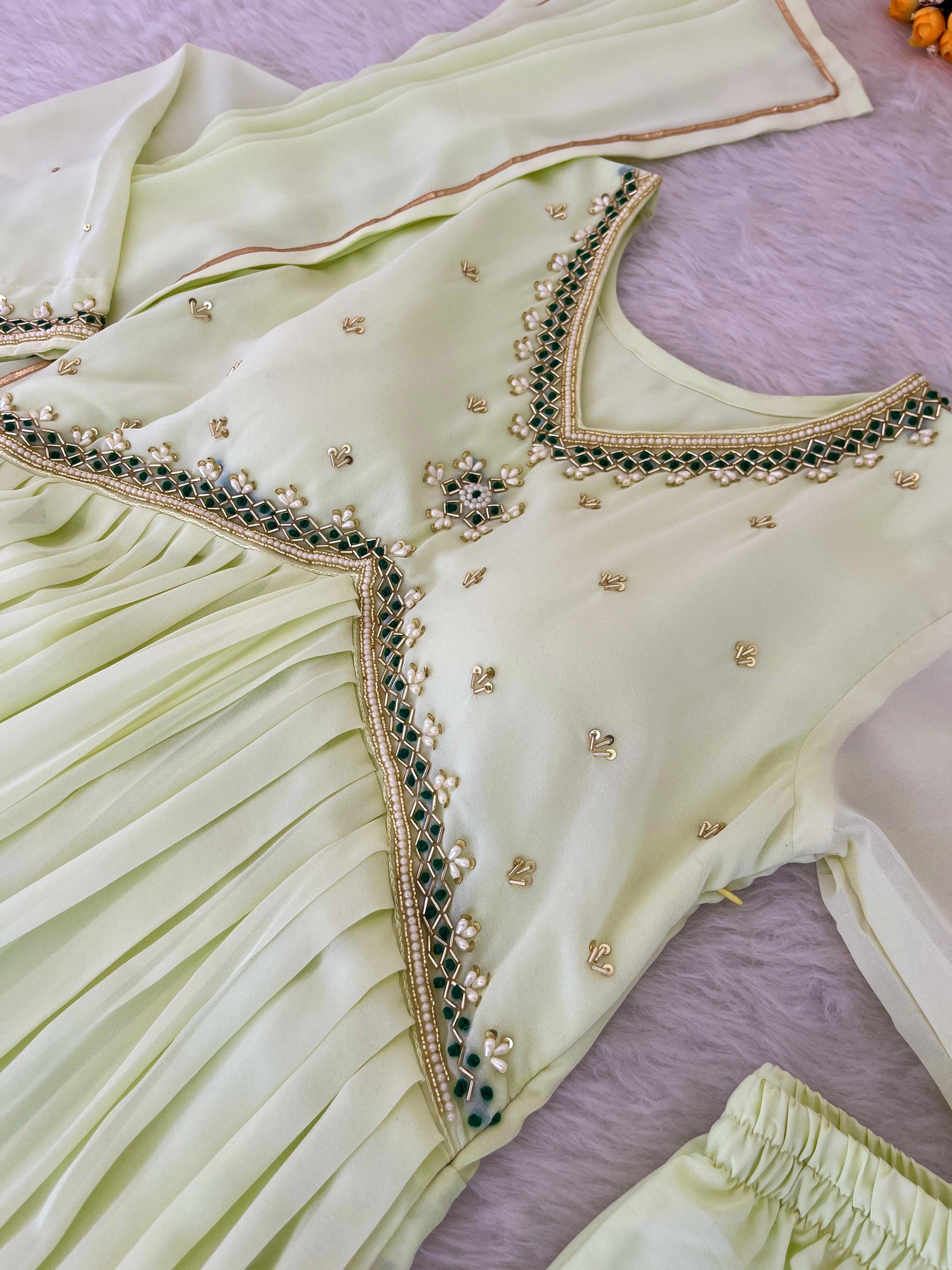 Stunning Off White Faux Georgette Handworked Anarkali Pant Suit - INDIAN ELEGANCE