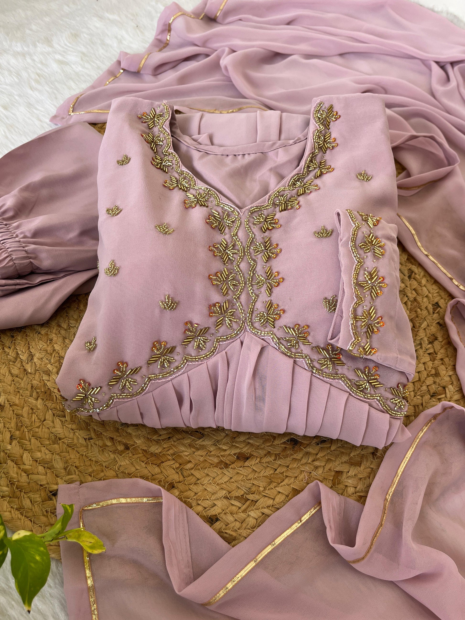 Alluring baby Pink Faux Georgette Handworked Anarkali Pant Suit - INDIAN ELEGANCE
