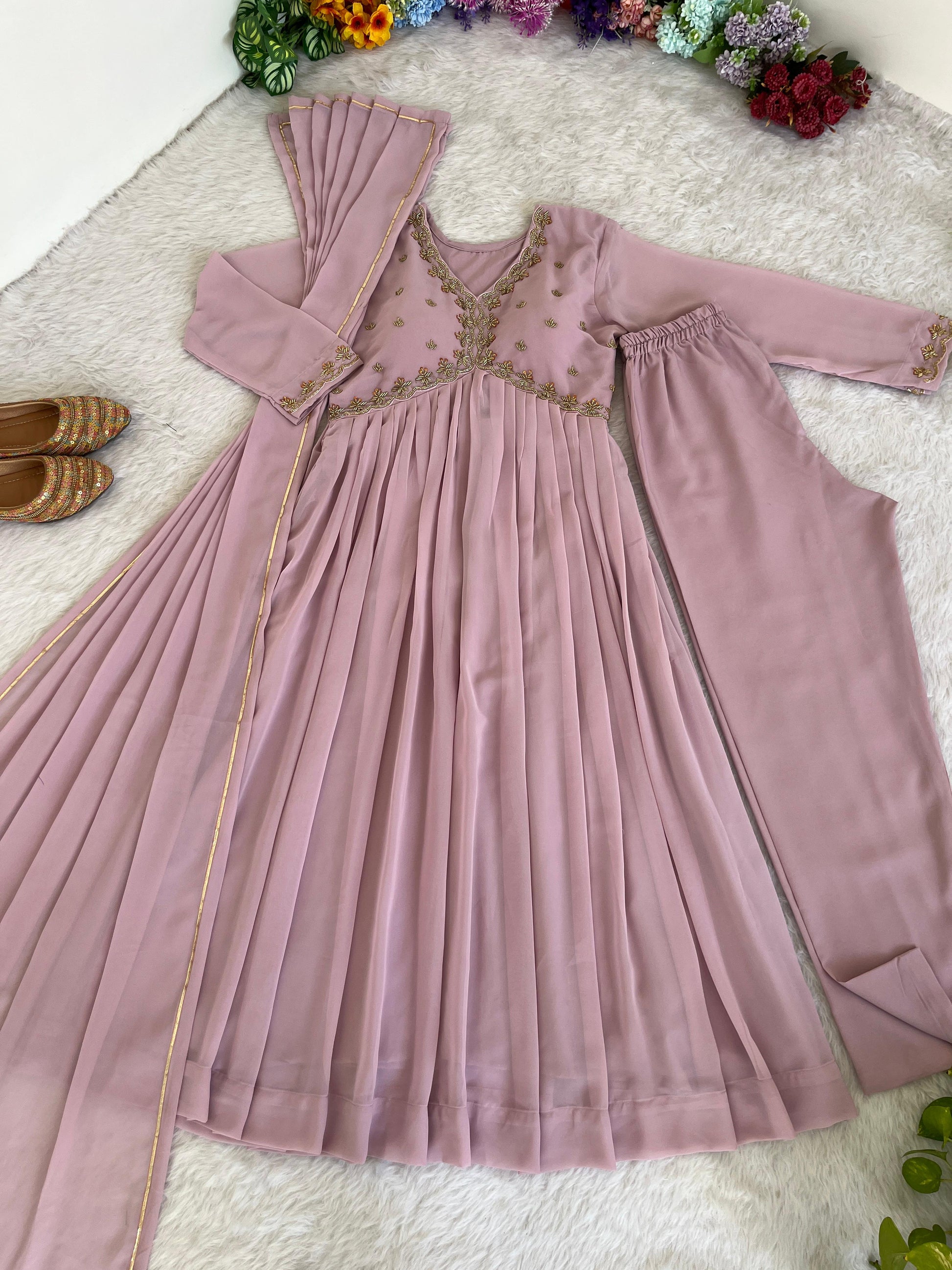Alluring baby Pink Faux Georgette Handworked Anarkali Pant Suit - INDIAN ELEGANCE