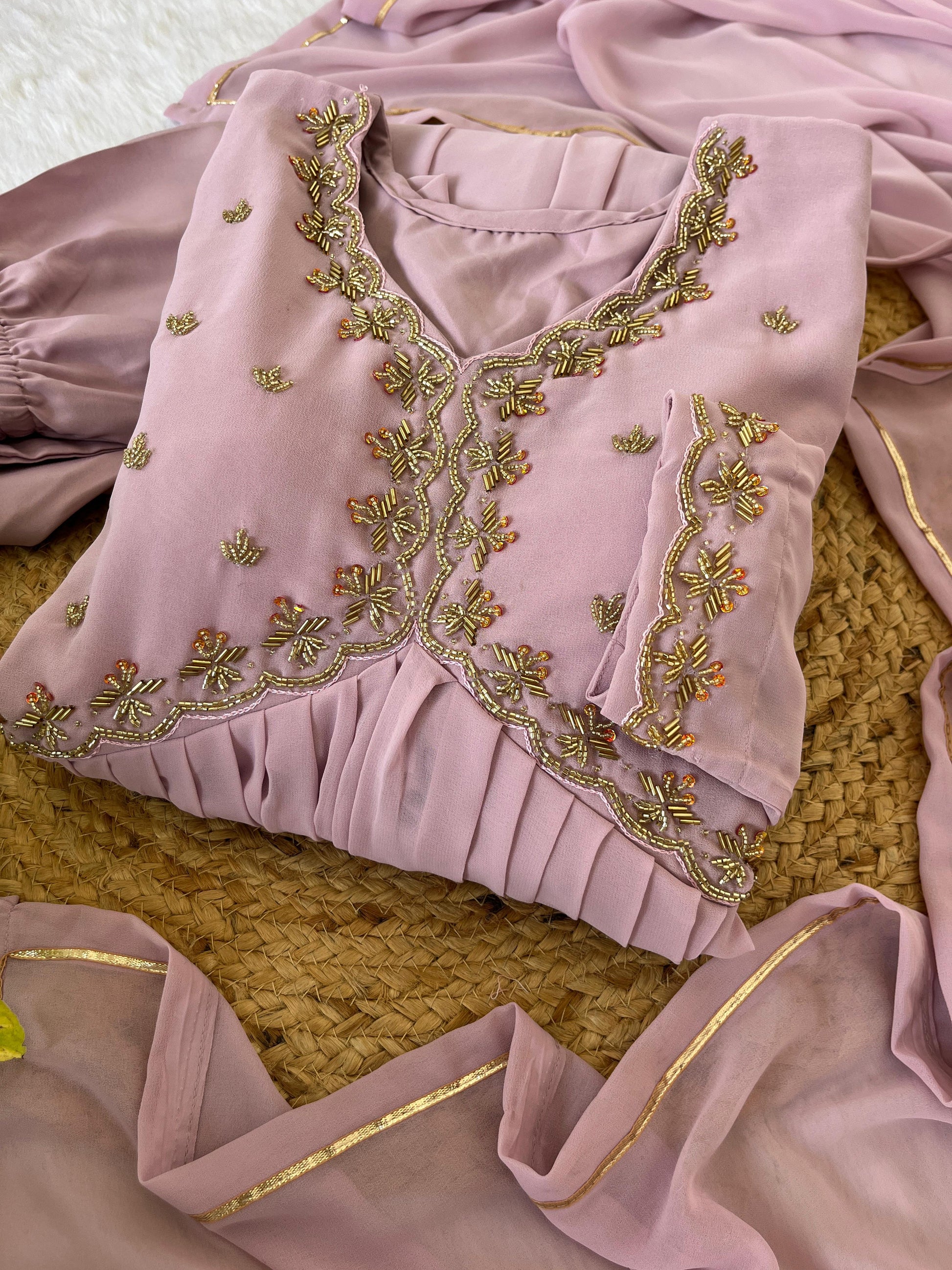 Alluring baby Pink Faux Georgette Handworked Anarkali Pant Suit - INDIAN ELEGANCE