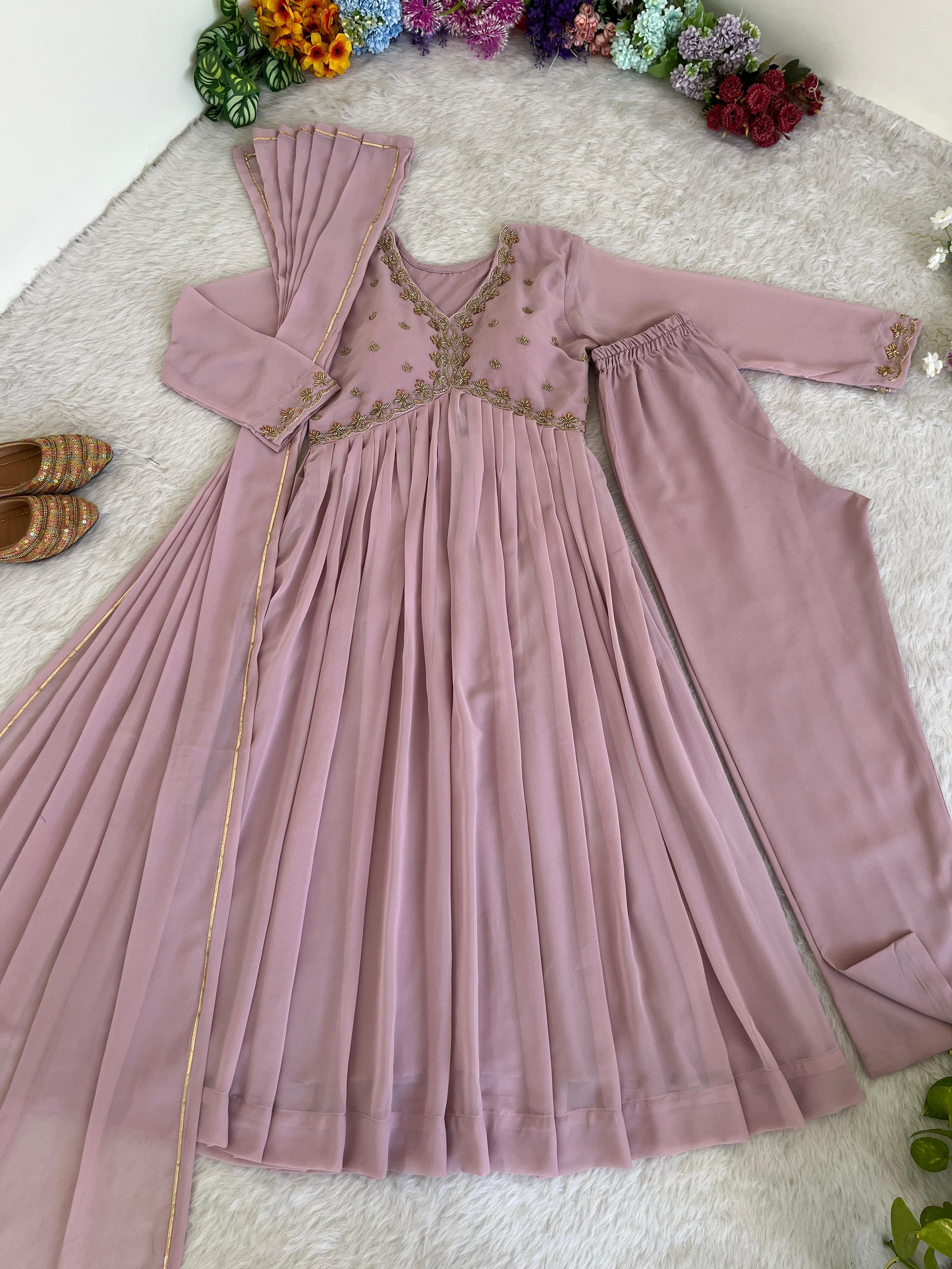 Alluring baby Pink Faux Georgette Handworked Anarkali Pant Suit - INDIAN ELEGANCE