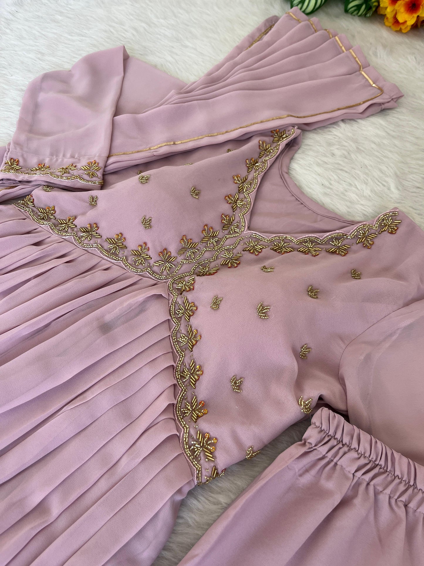 Alluring baby Pink Faux Georgette Handworked Anarkali Pant Suit - INDIAN ELEGANCE